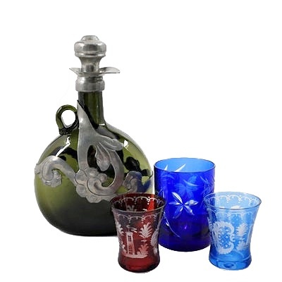 Pewter Overlay Glass Decanter and Three Cut to Clear Vessels