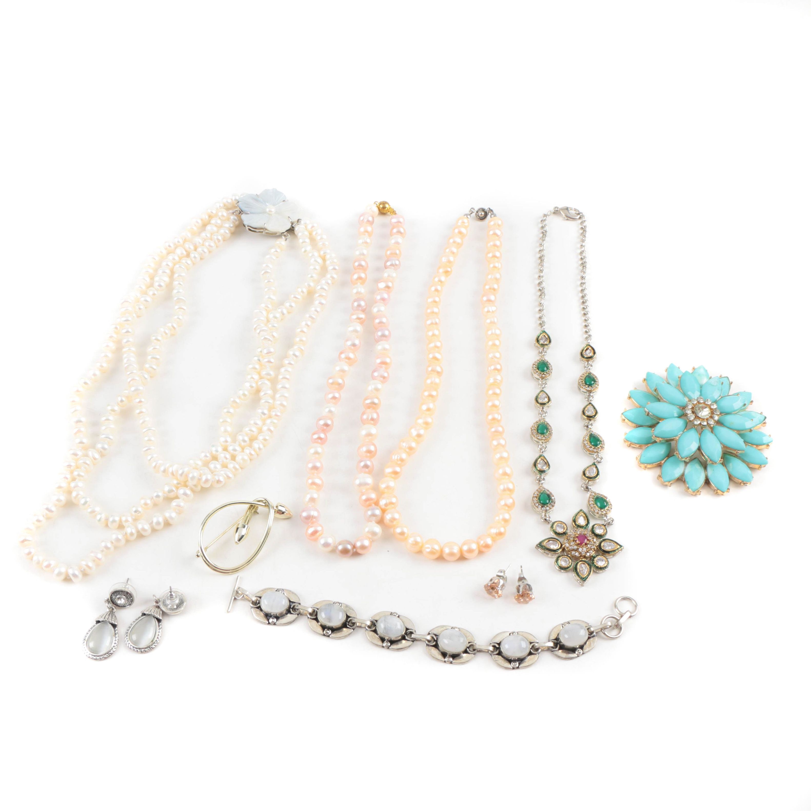 Assorted Costume Jewelry Including a Moonstone Bracelet