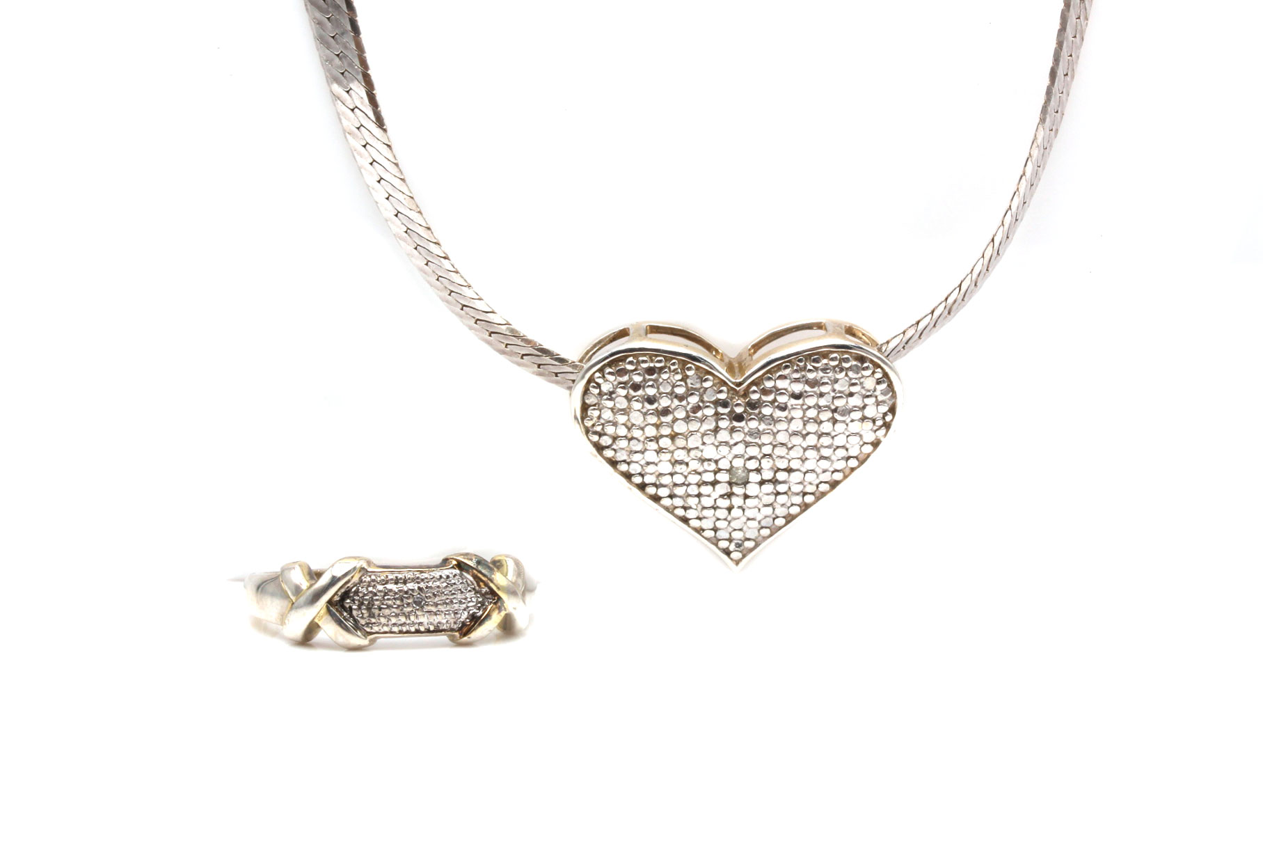 Sterling Silver Diamond Heart Pendant Necklace and Ring