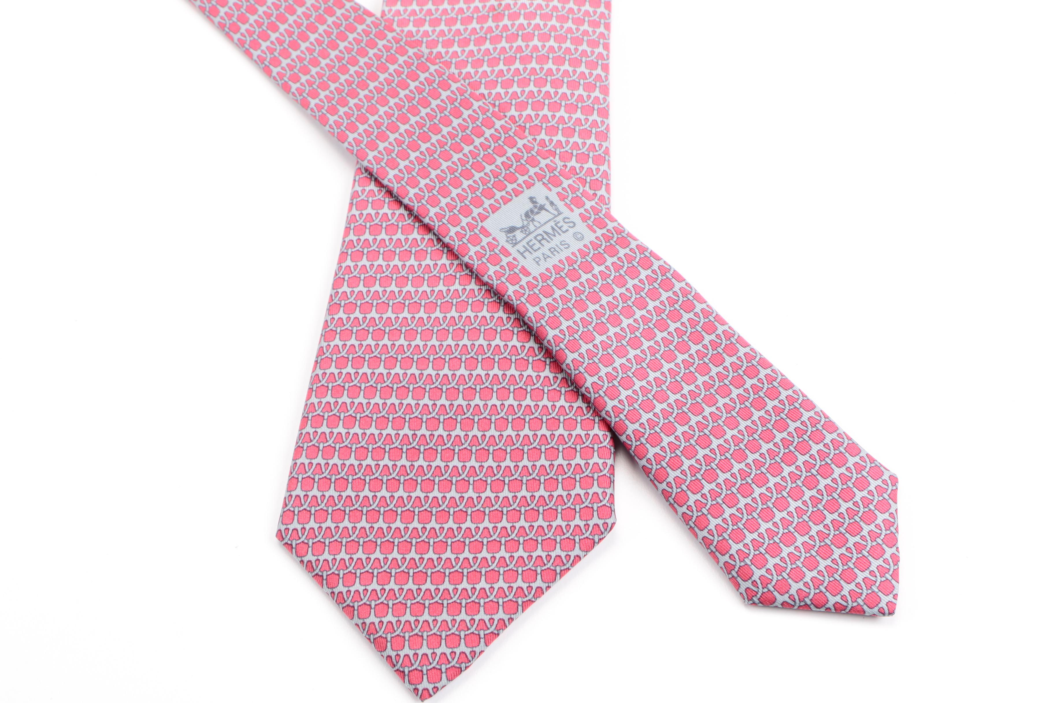 Hermès Grey and Pink Horse Bit Link Silk Tie
