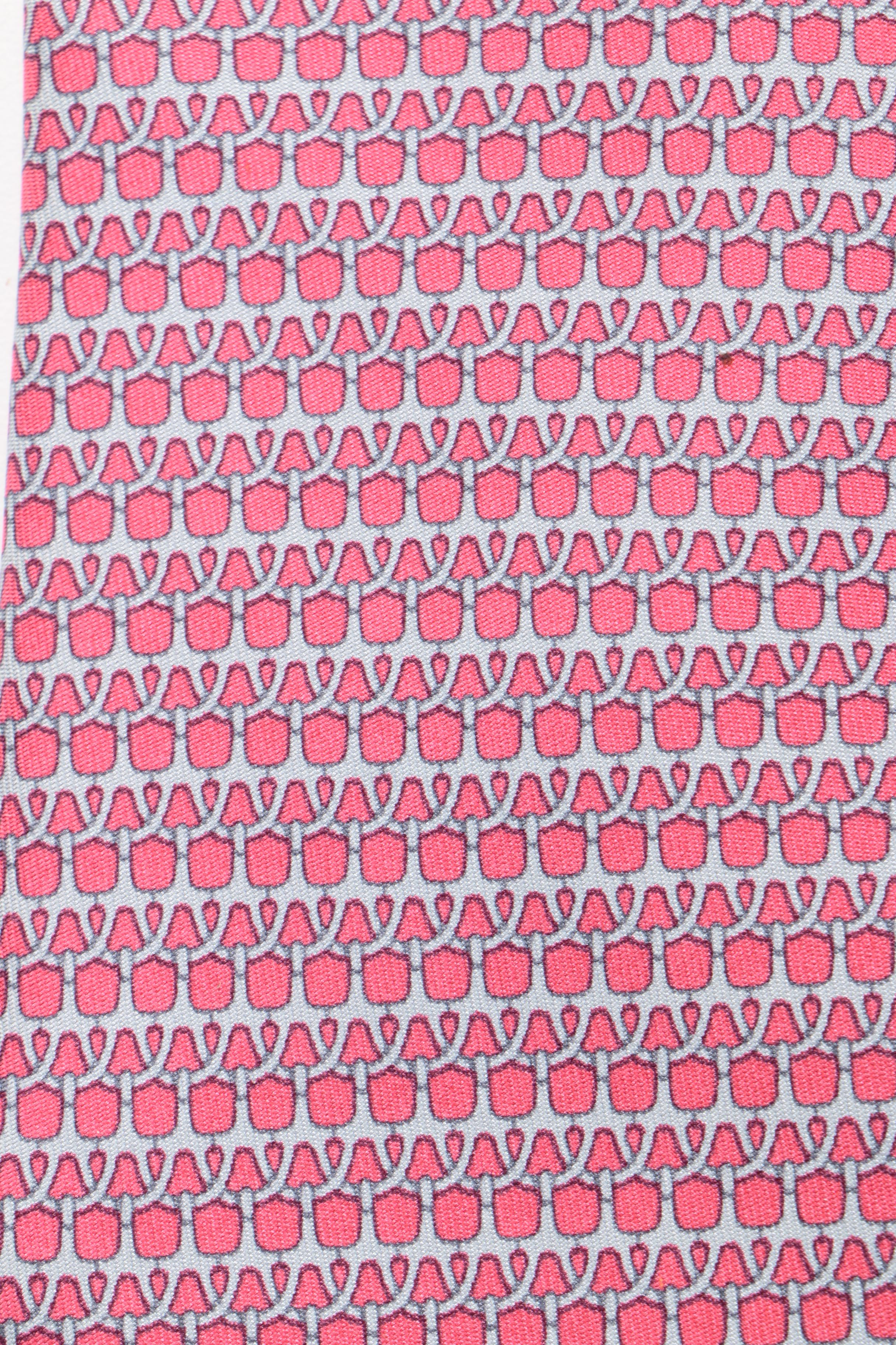 Hermès Grey and Pink Horse Bit Link Silk Tie