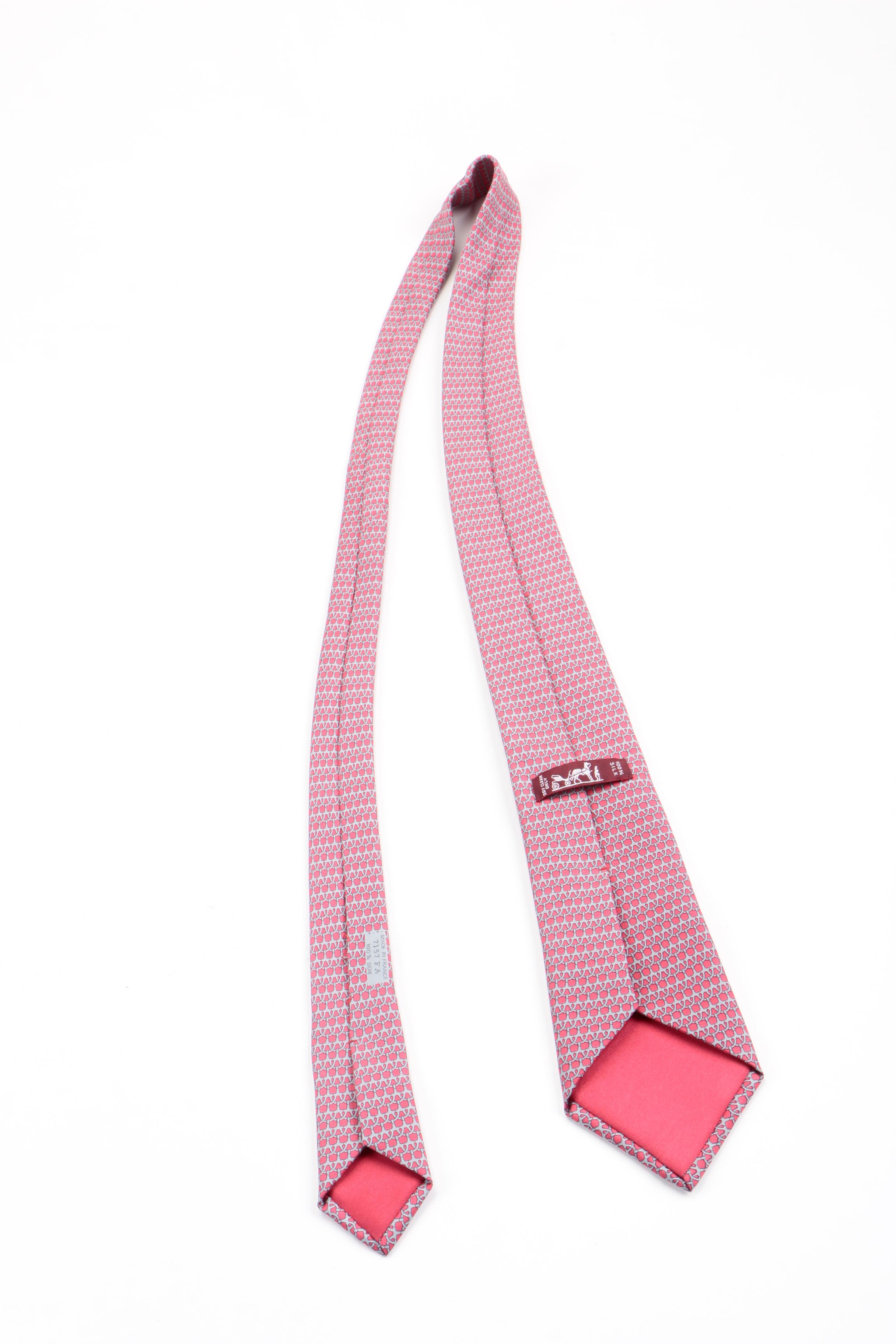 Hermès Grey and Pink Horse Bit Link Silk Tie