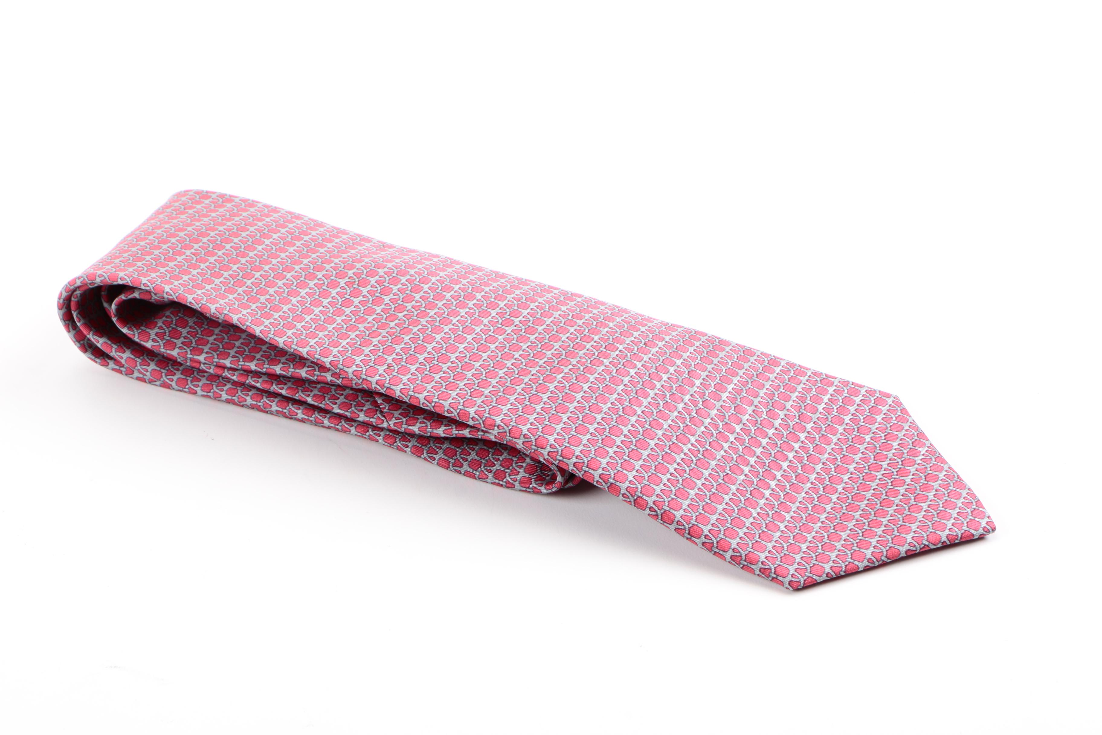 Hermès Grey and Pink Horse Bit Link Silk Tie