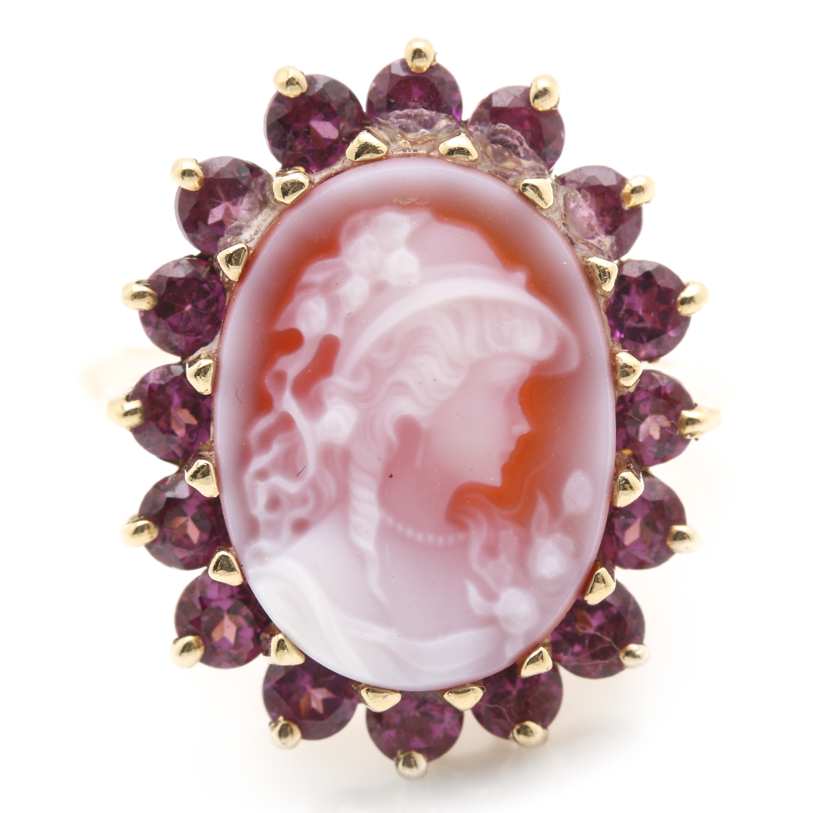 14K Yellow Gold Rhodolite Garnet & Agate Cameo Ring