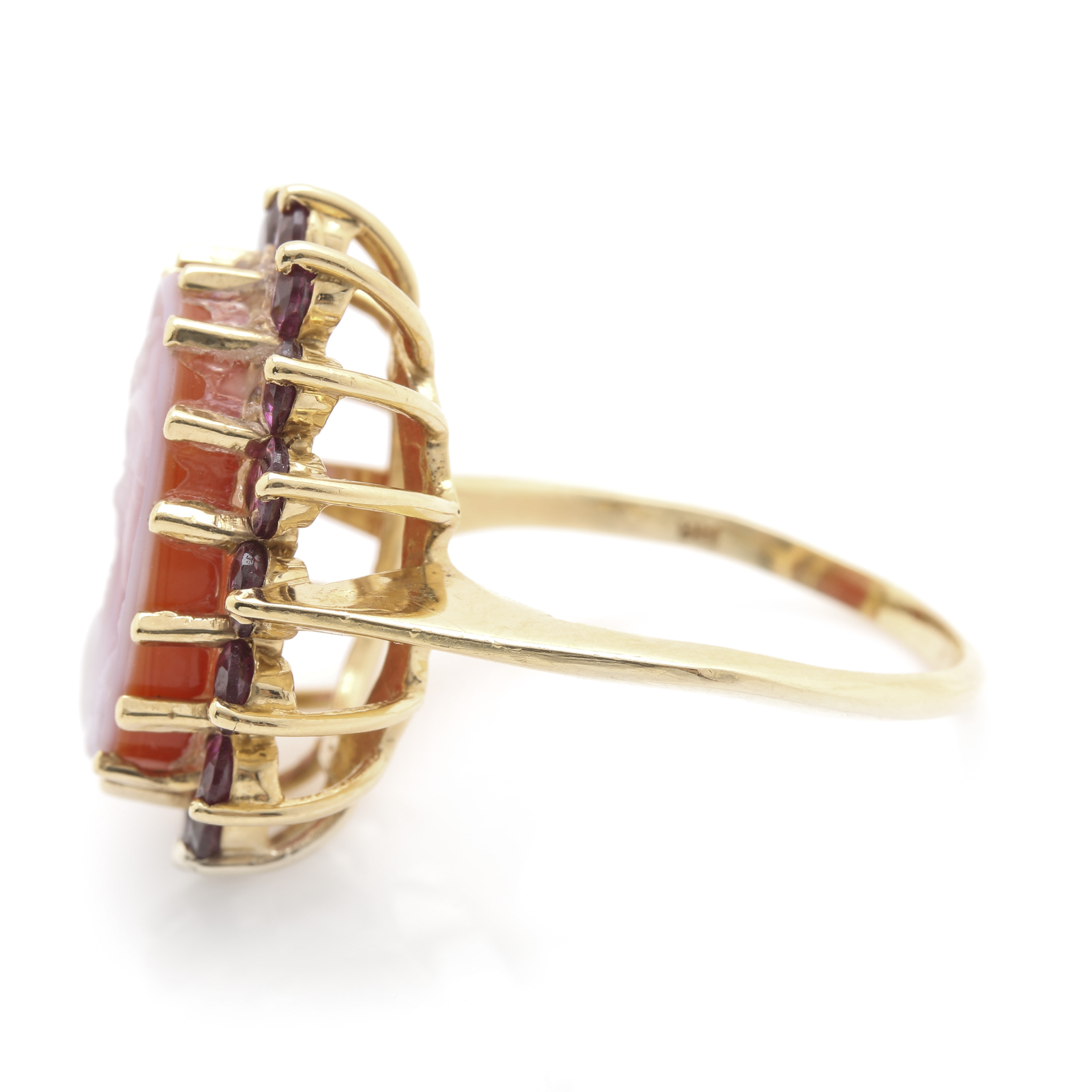 14K Yellow Gold Rhodolite Garnet & Agate Cameo Ring