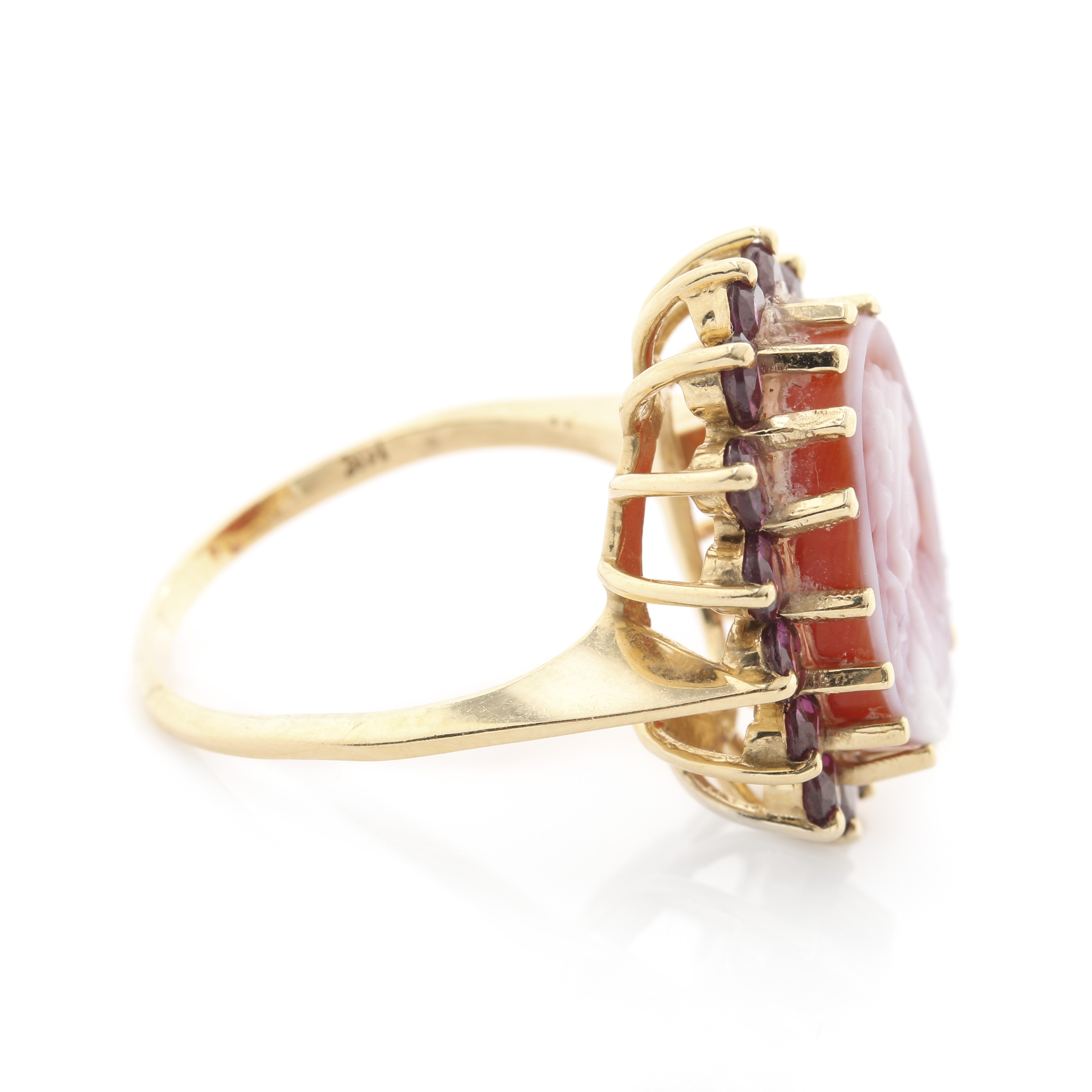 14K Yellow Gold Rhodolite Garnet & Agate Cameo Ring