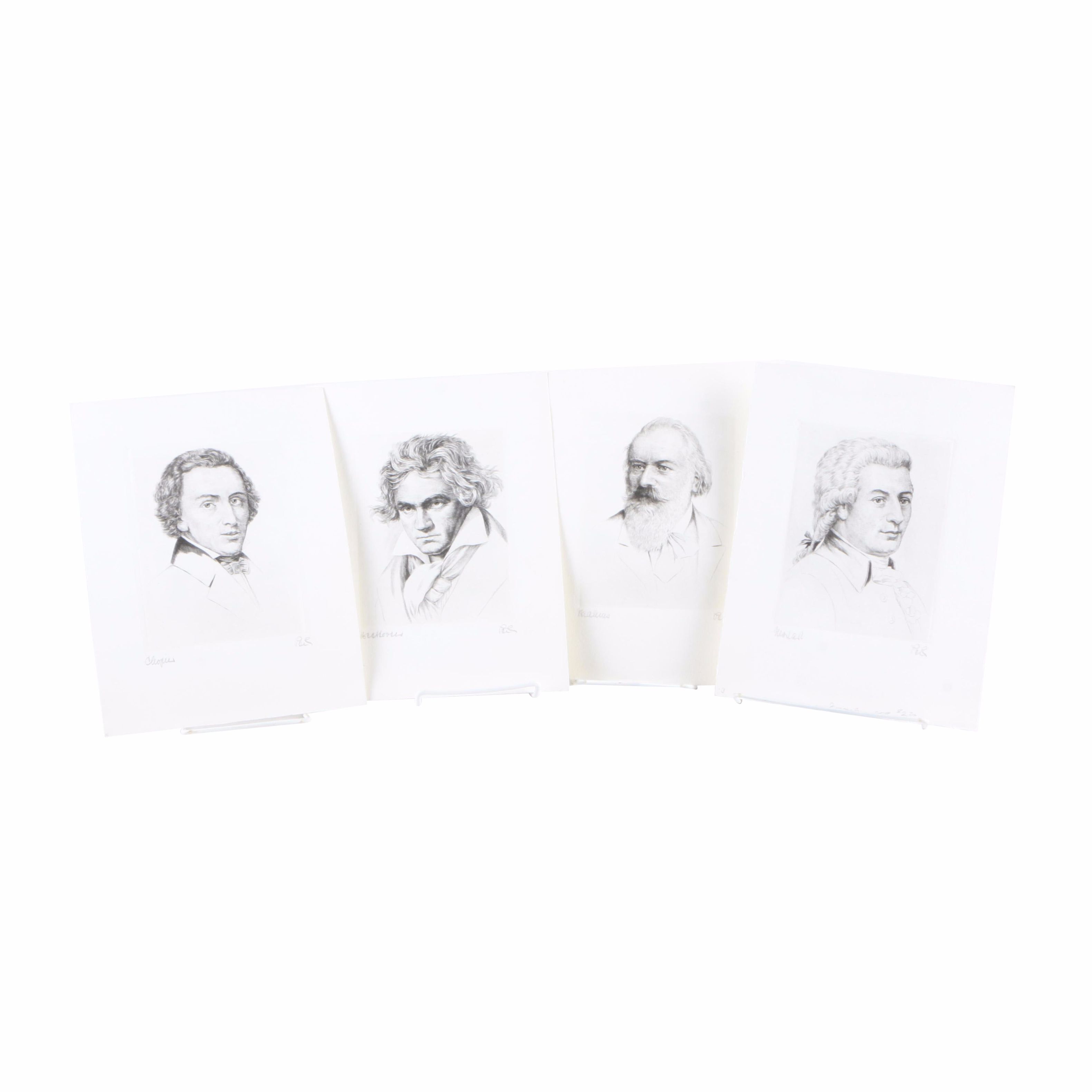 Wilhelm Pech Etchings "Brahms", "Chopin", "Beethoven", and "Mozart"