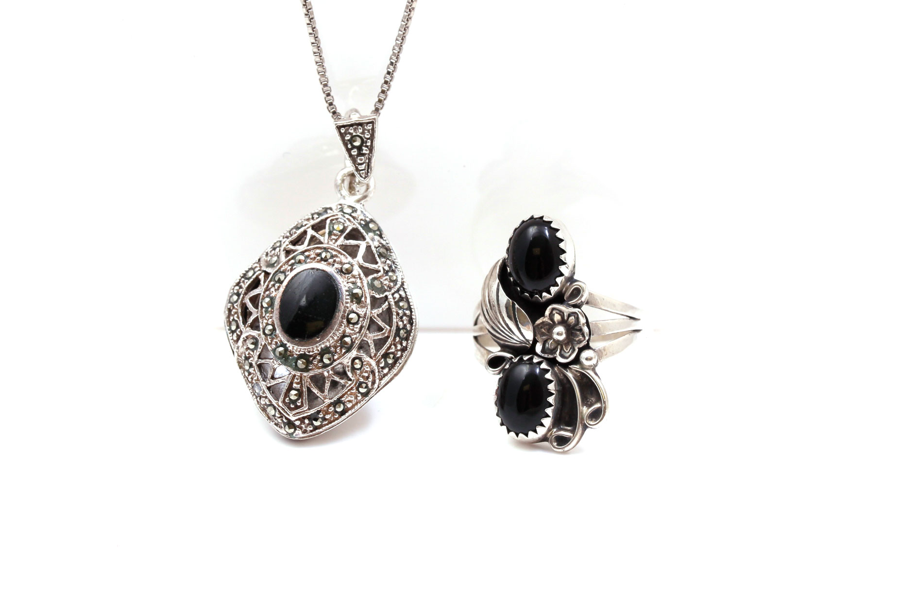 Sterling Silver Black Onyx Locket Pendant Necklace and Ring