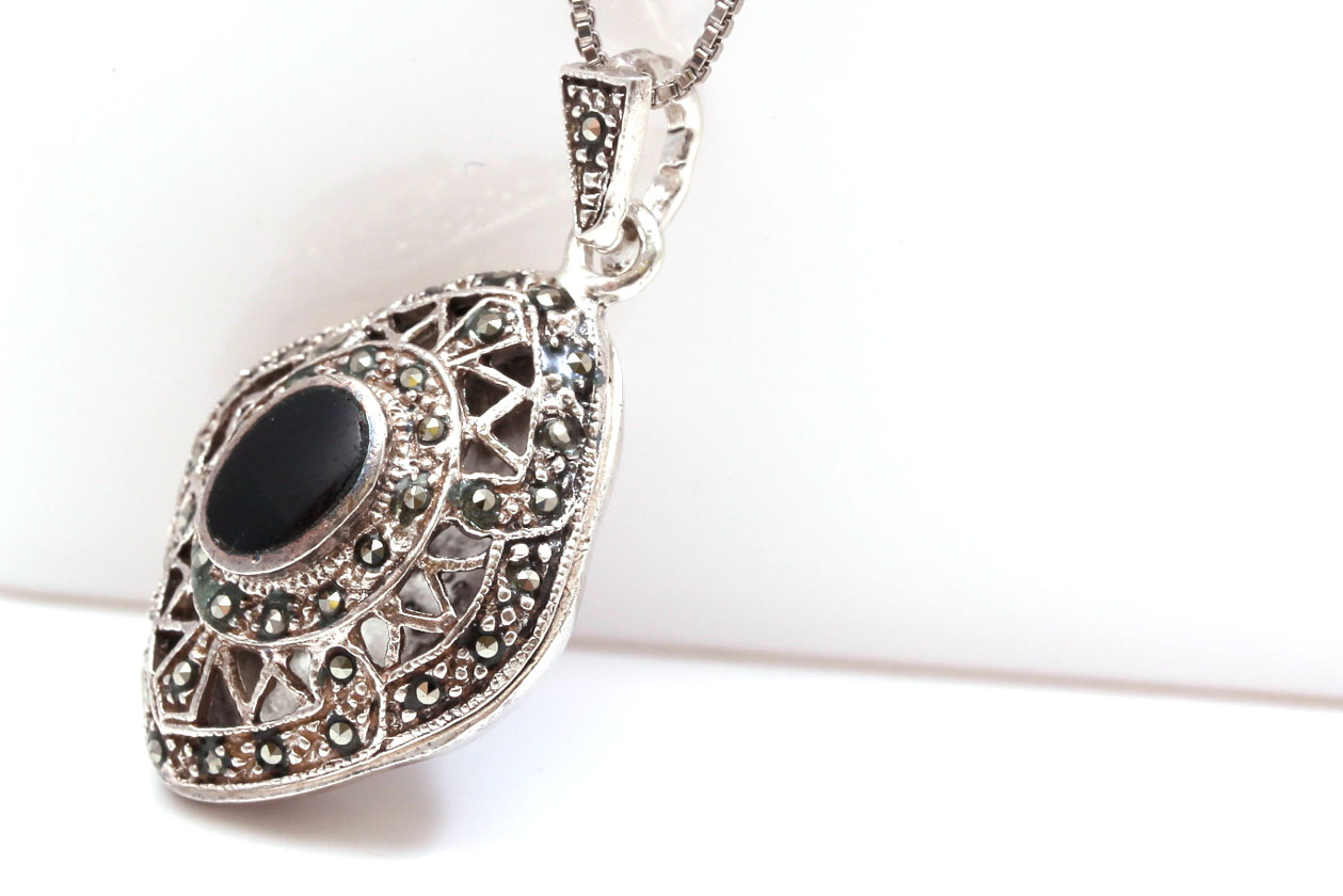 Sterling Silver Black Onyx Locket Pendant Necklace and Ring
