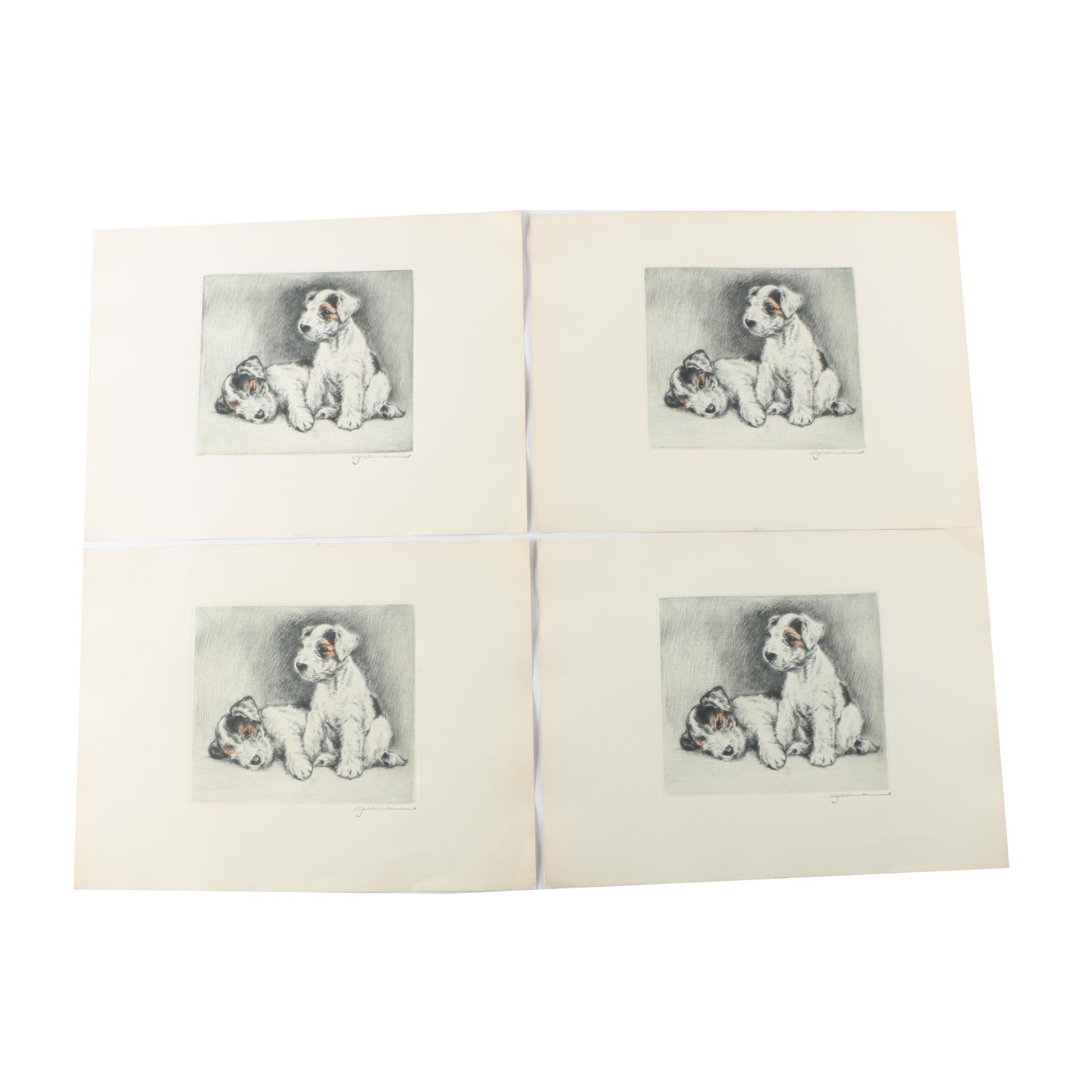 Fritz Neumann Drypoint Engravings of Terrier Puppies