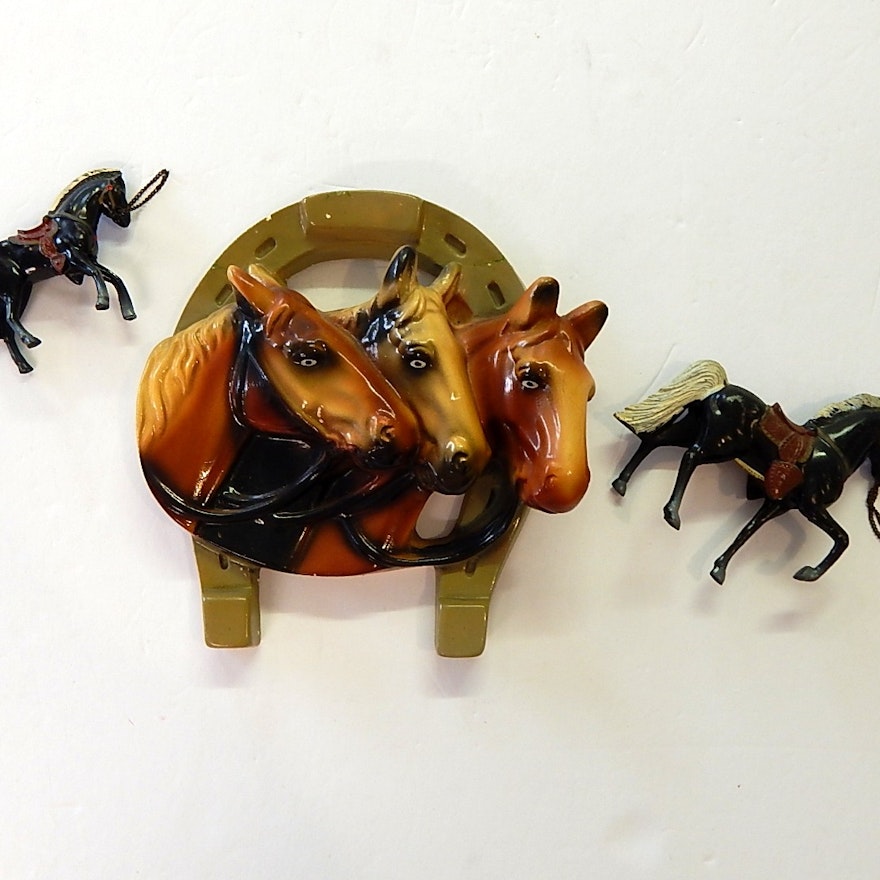 Chalkware Thoroughbred Plaque and Metal Horse Figurines