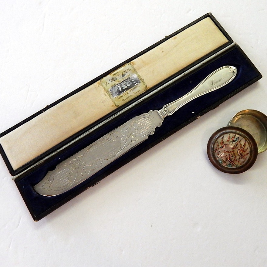 Silver Plated Cake Knife and Brass MOP Trinket Box