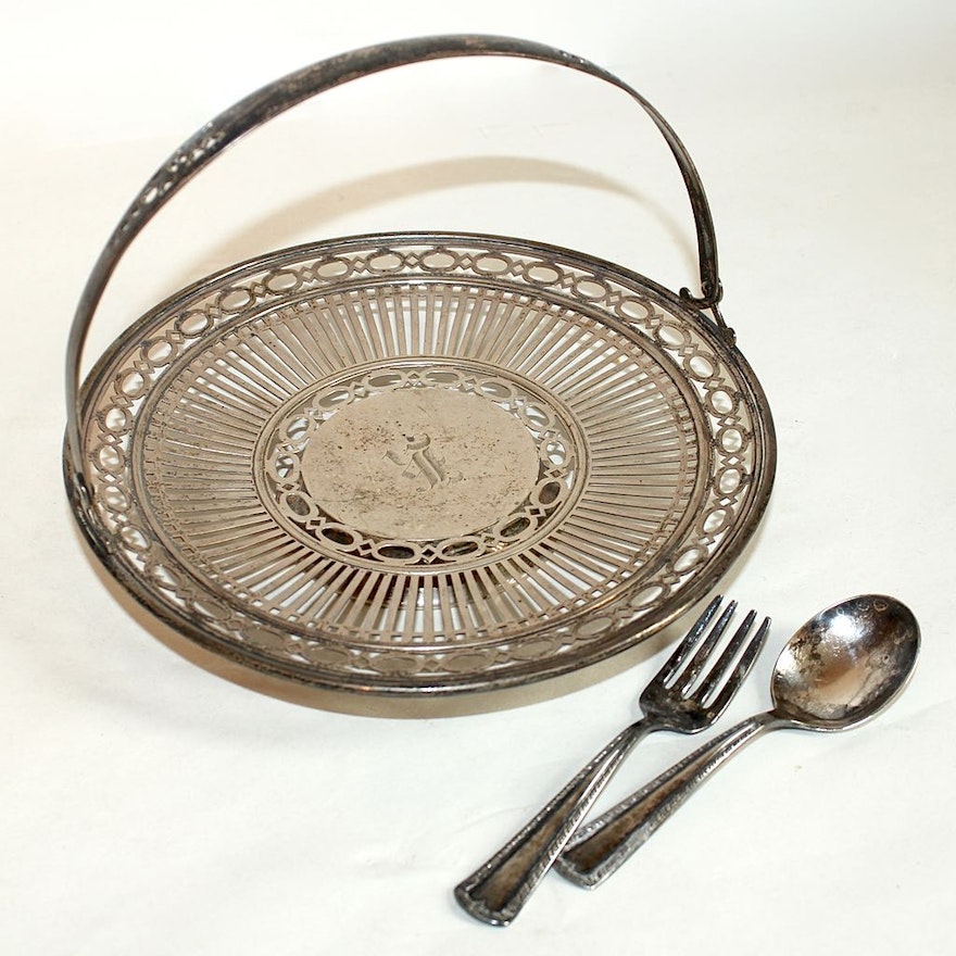 Sterling Silver Cake Basket and Children's Flatware Set