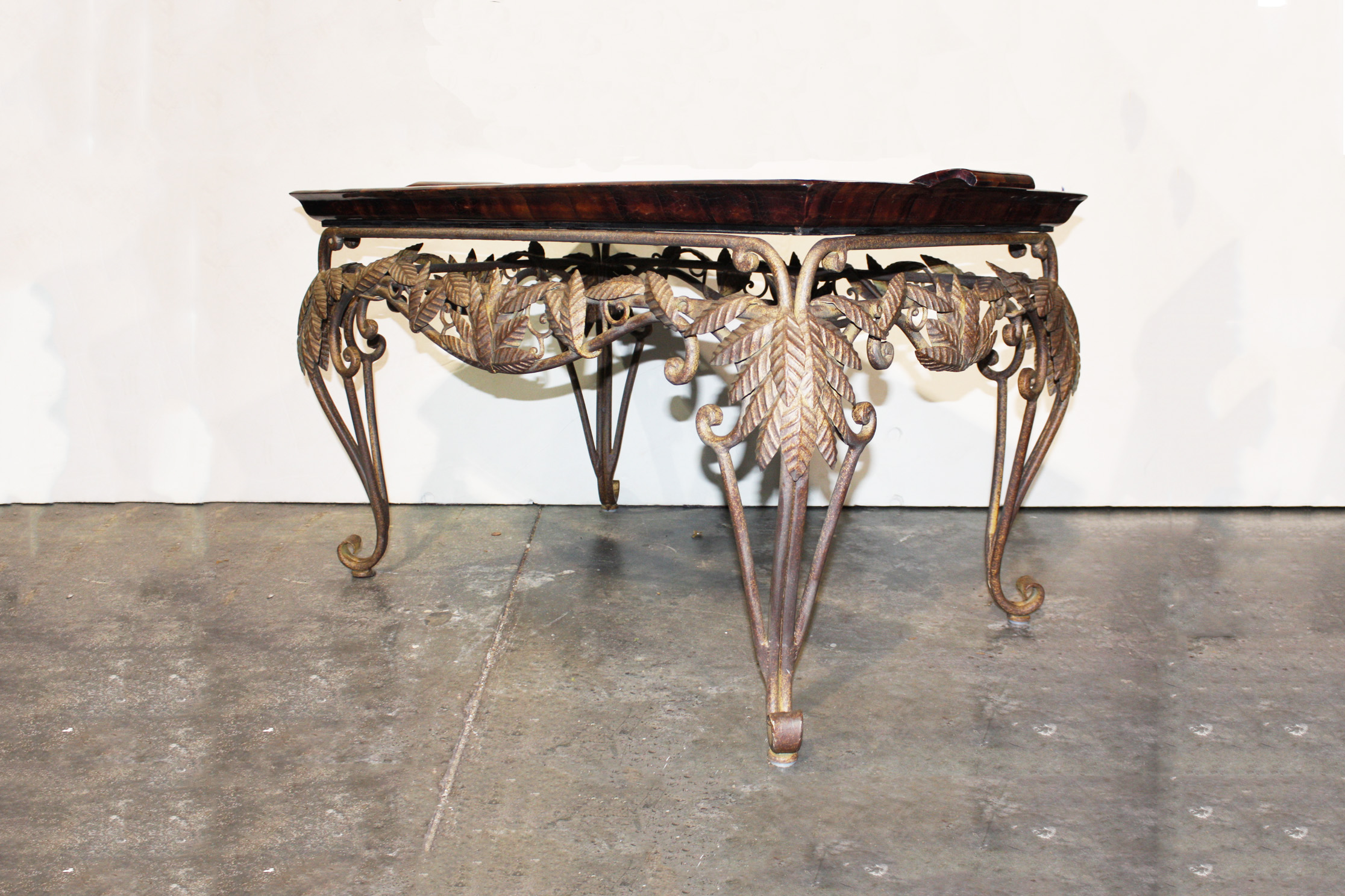 Ornate Metal Tray Coffee Table With Leather Top