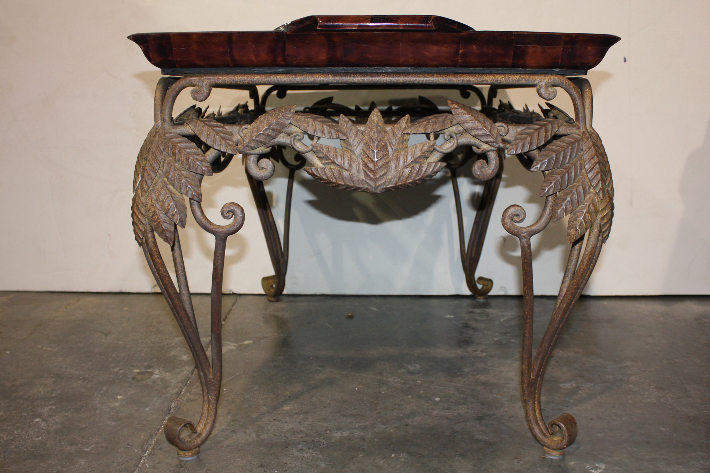 Ornate Metal Tray Coffee Table With Leather Top