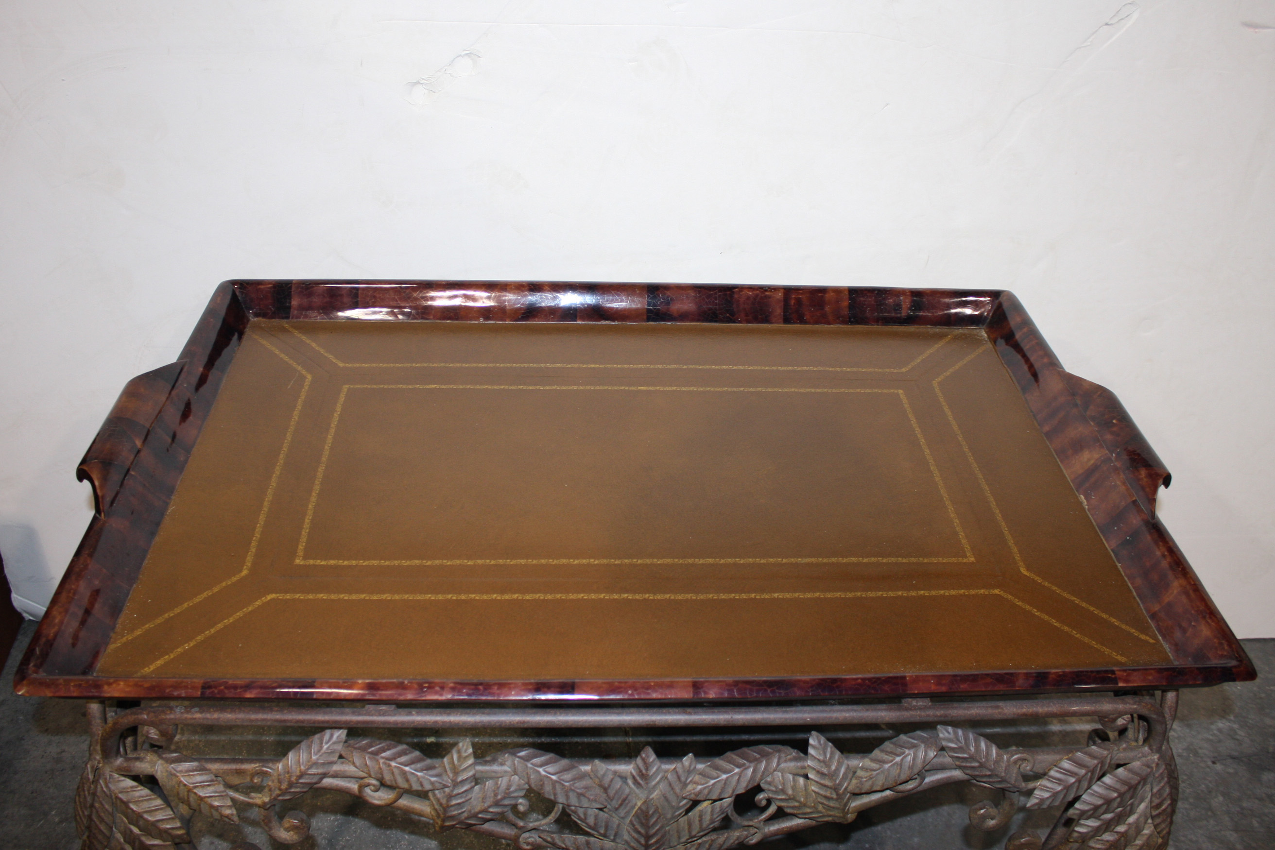 Ornate Metal Tray Coffee Table With Leather Top