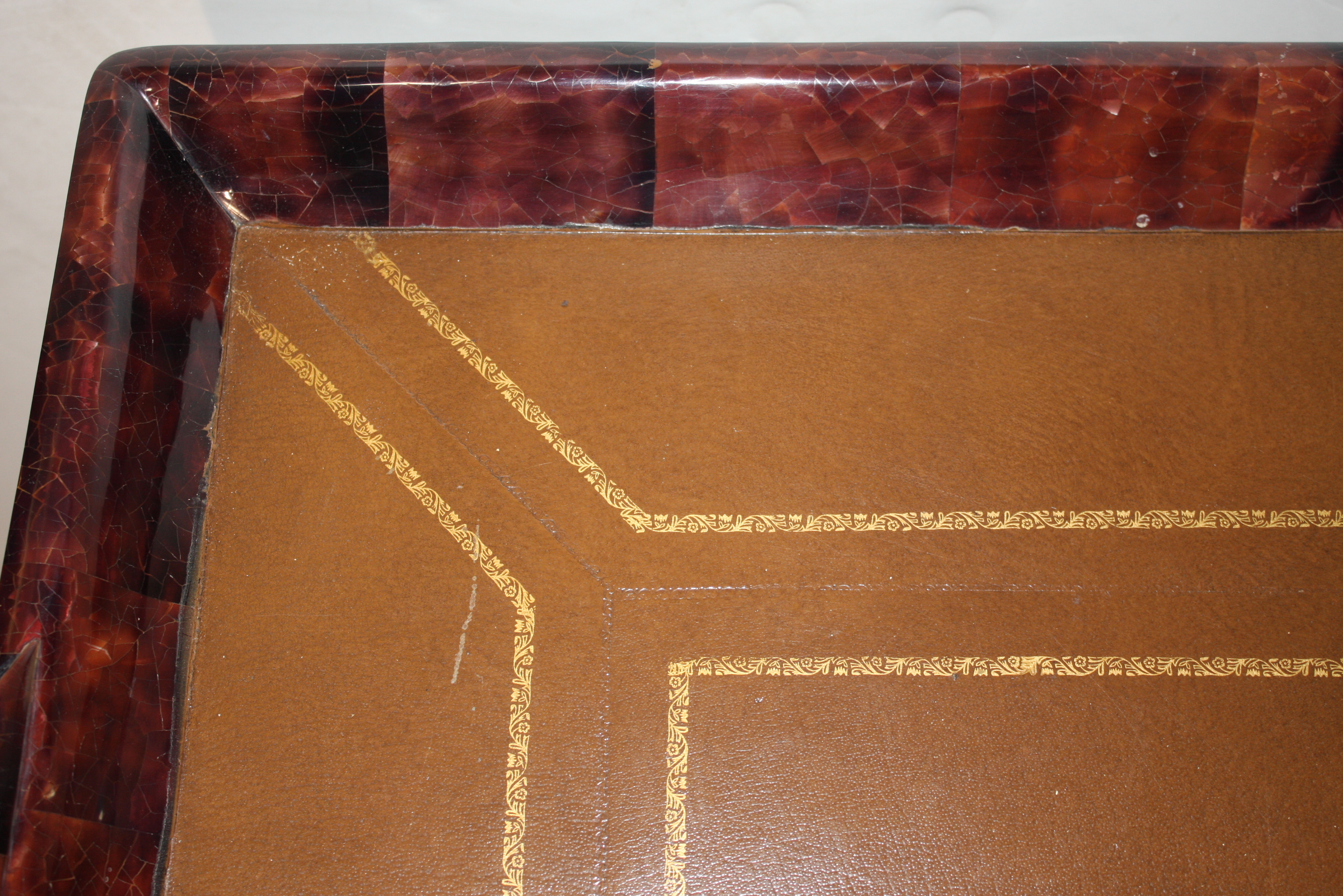 Ornate Metal Tray Coffee Table With Leather Top