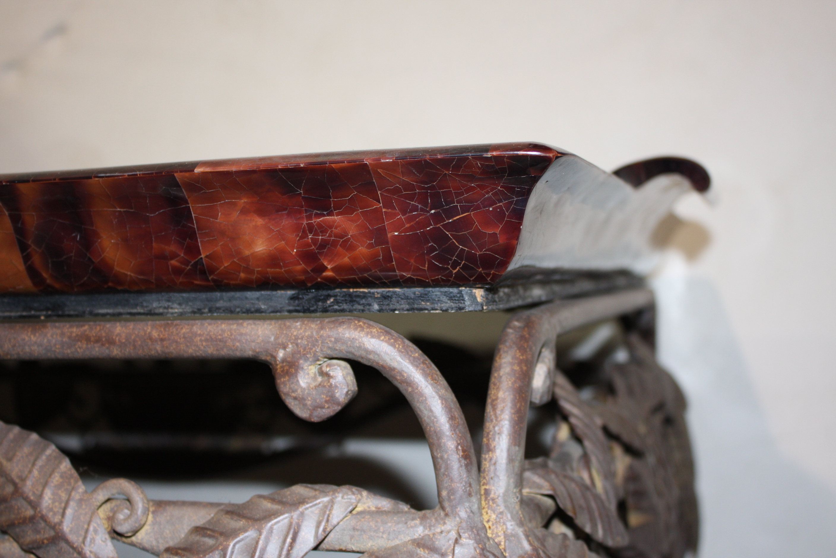 Ornate Metal Tray Coffee Table With Leather Top