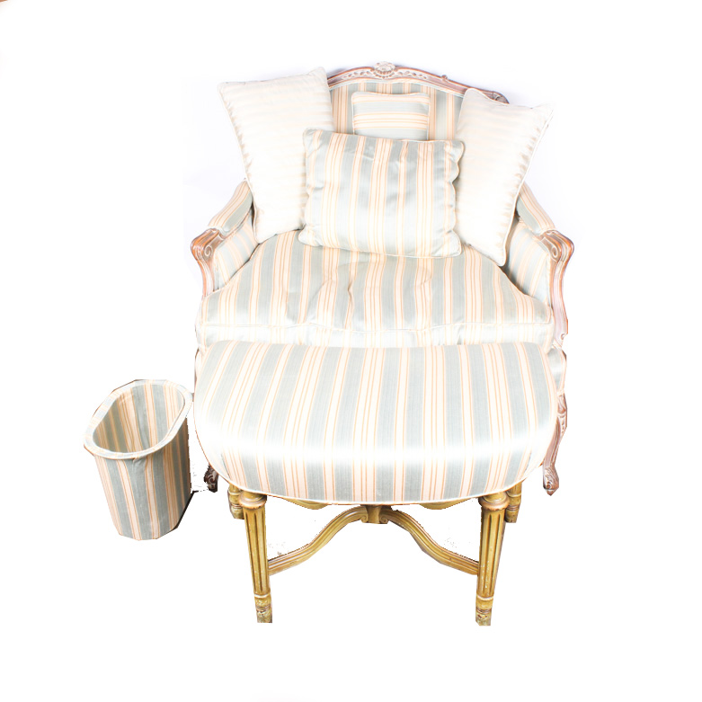 Vintage Bergère and Ottoman with Pillows and Waste Basket