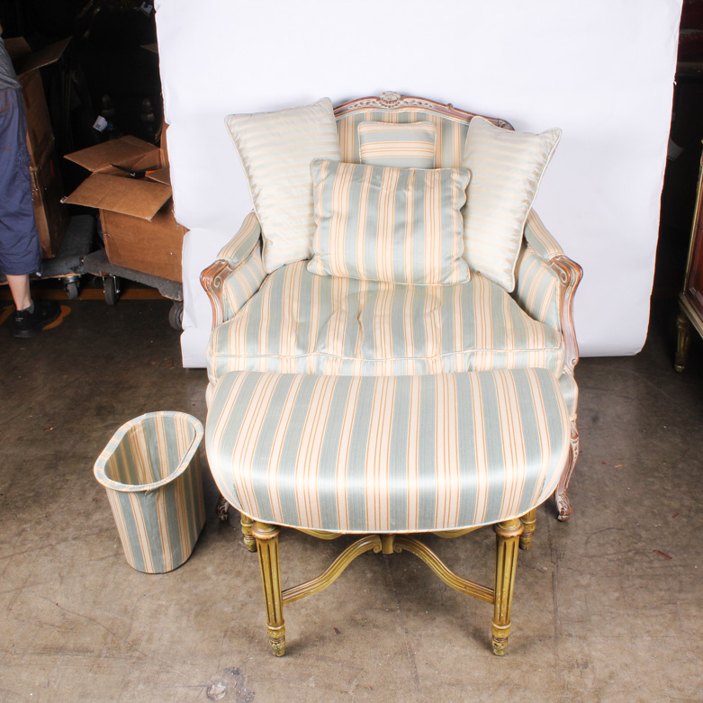 Vintage Bergère and Ottoman with Pillows and Waste Basket