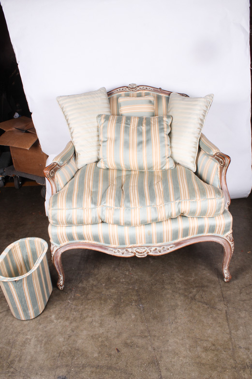 Vintage Bergère and Ottoman with Pillows and Waste Basket