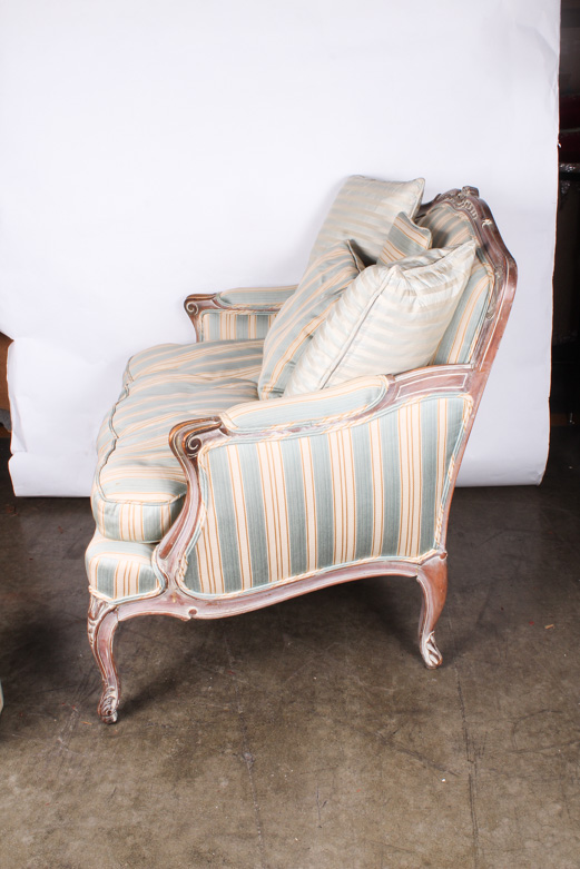 Vintage Bergère and Ottoman with Pillows and Waste Basket