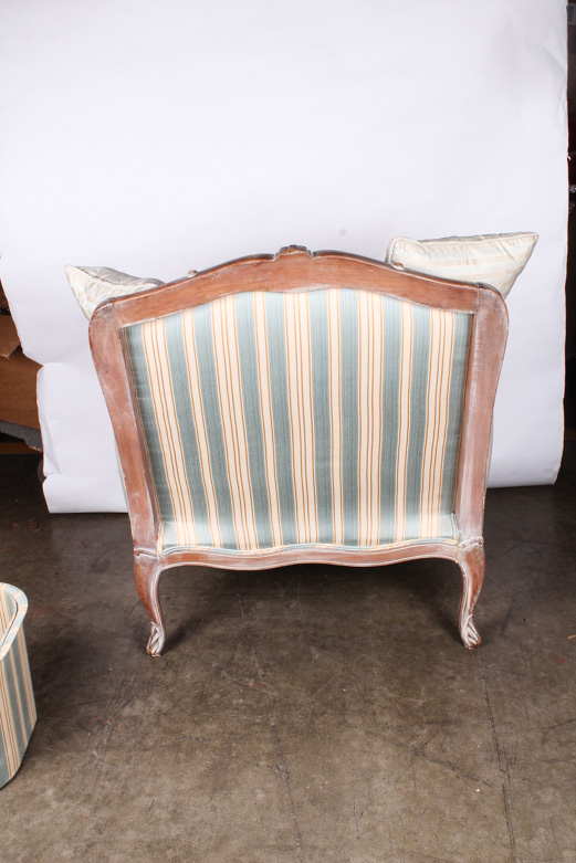 Vintage Bergère and Ottoman with Pillows and Waste Basket