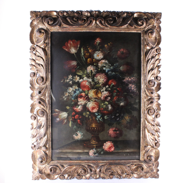 Antique Dutch-Style Floral Still Life Oil Painting in Carved Gilt Wood Frame