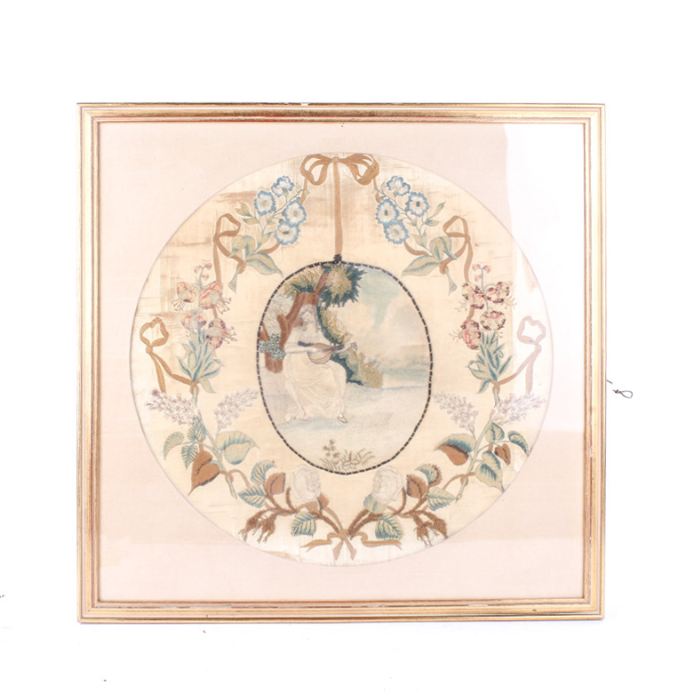 Antique 19th-Century Framed English Needlepoint Embroidery on Silk