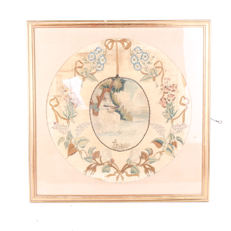 Antique 19th-Century Framed English Needlepoint Embroidery on Silk