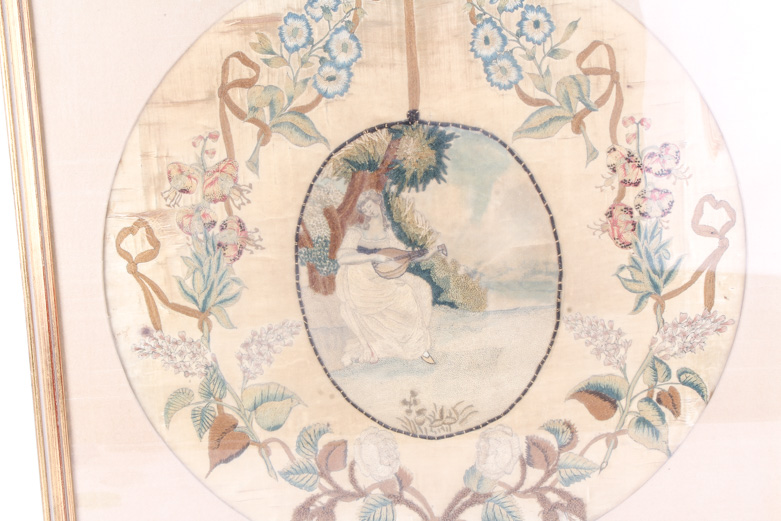 Antique 19th-Century Framed English Needlepoint Embroidery on Silk