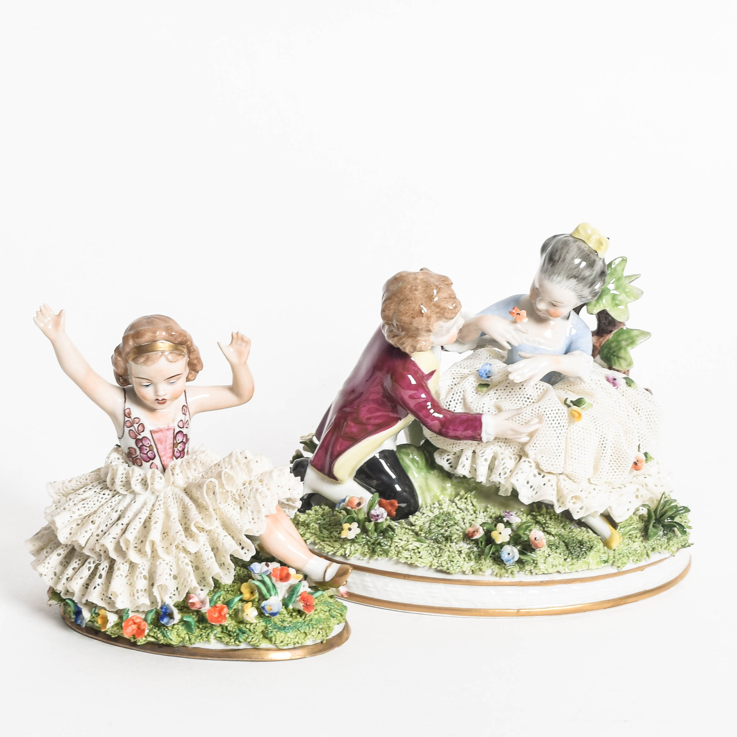 Pair of Porcelain Dresden Lace Figurines