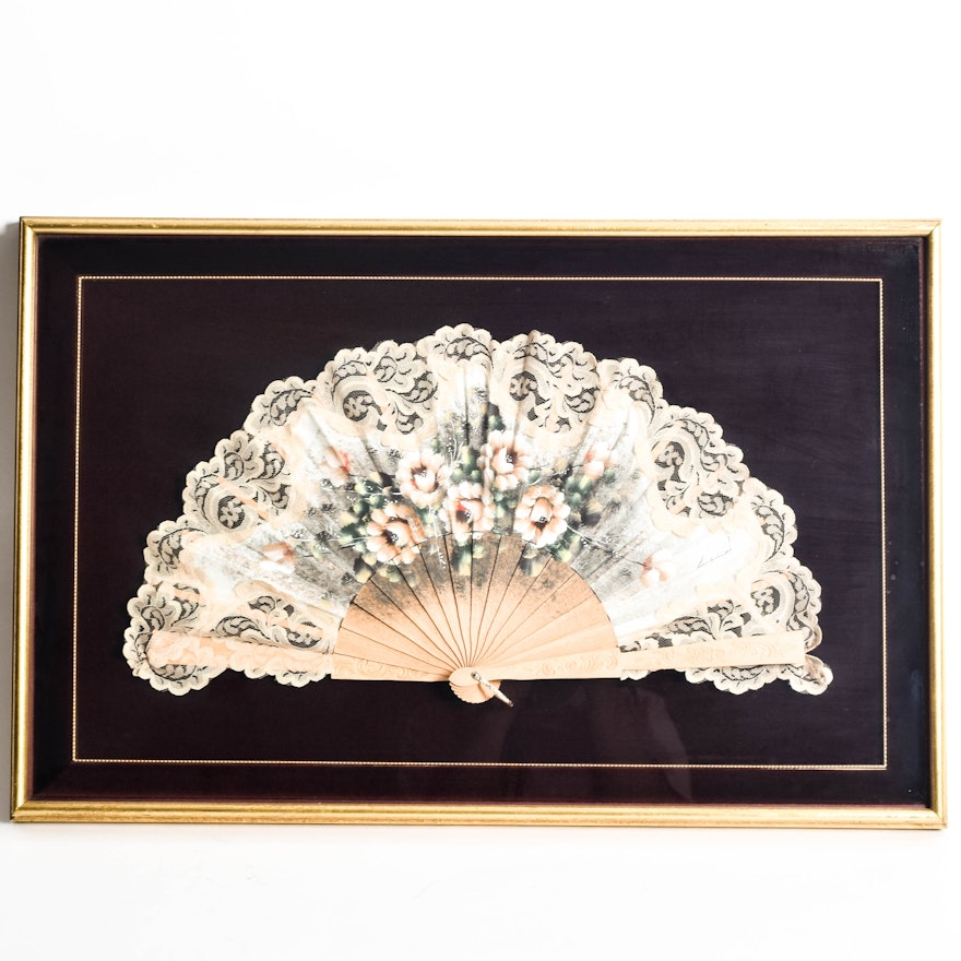 Vintage Hand Painted Framed Lace Fan