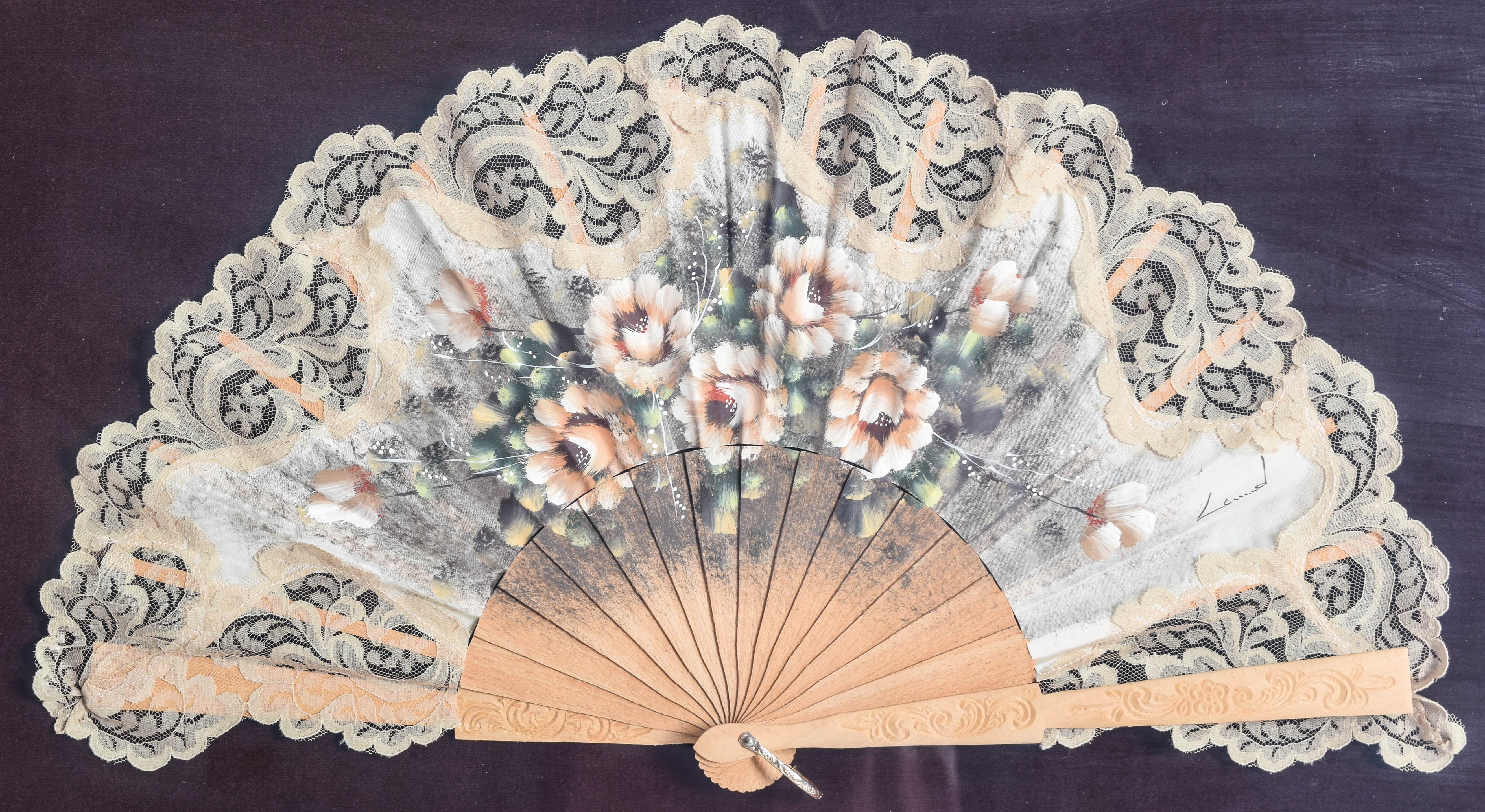 Vintage Hand Painted Framed Lace Fan