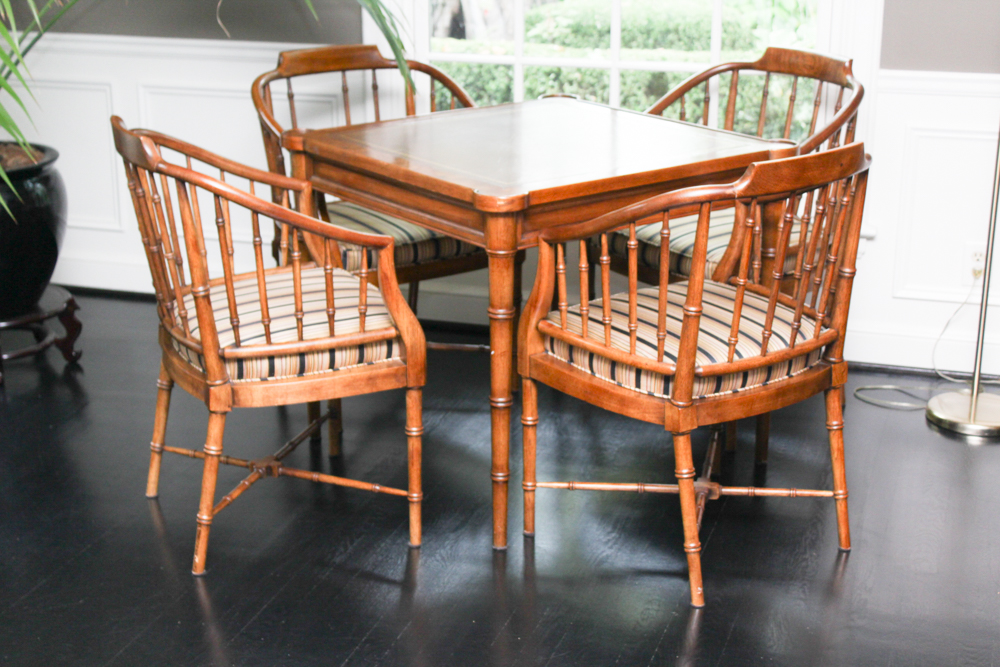 Vintage Leather Top Card Table With Chairs