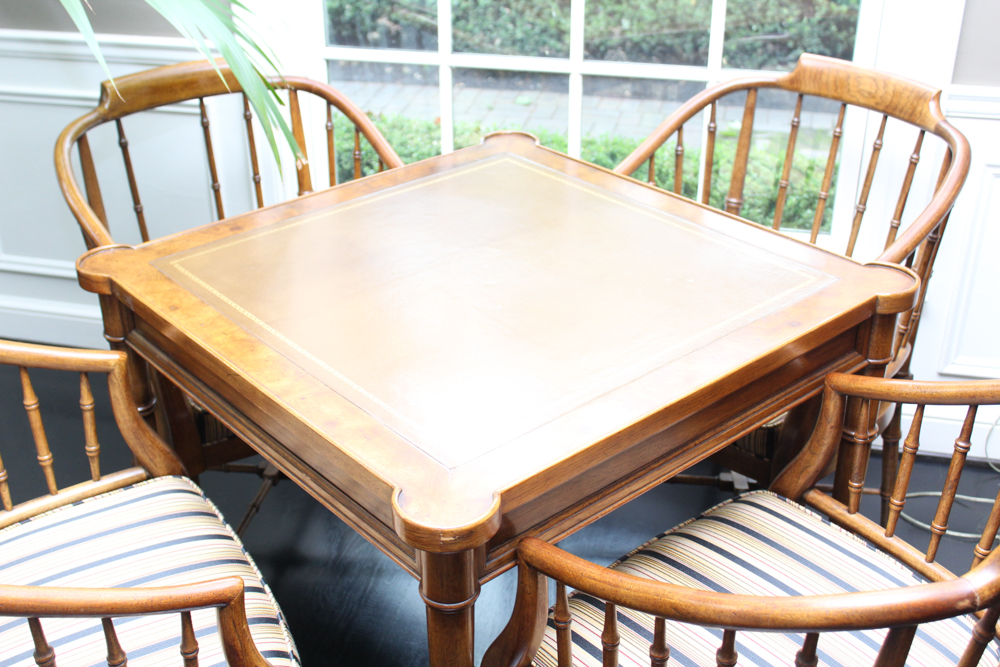 Vintage Leather Top Card Table With Chairs