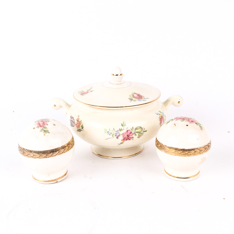 Vintage Floral Sugar Bowl and Salt and Pepper Shakers