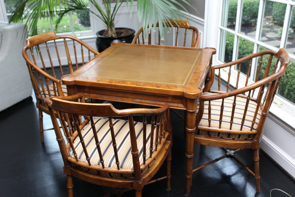 Vintage Leather Top Card Table With Chairs