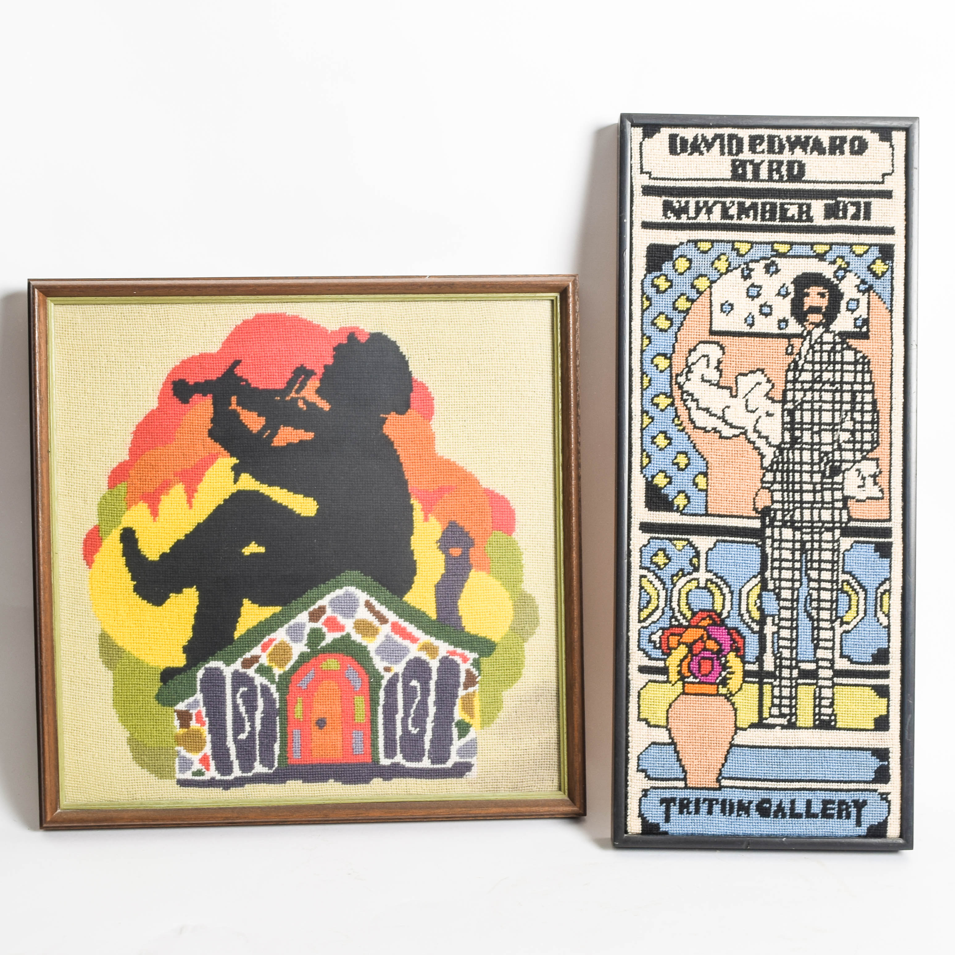 Pair of Vintage Framed Needlepoints with Broadway Theme