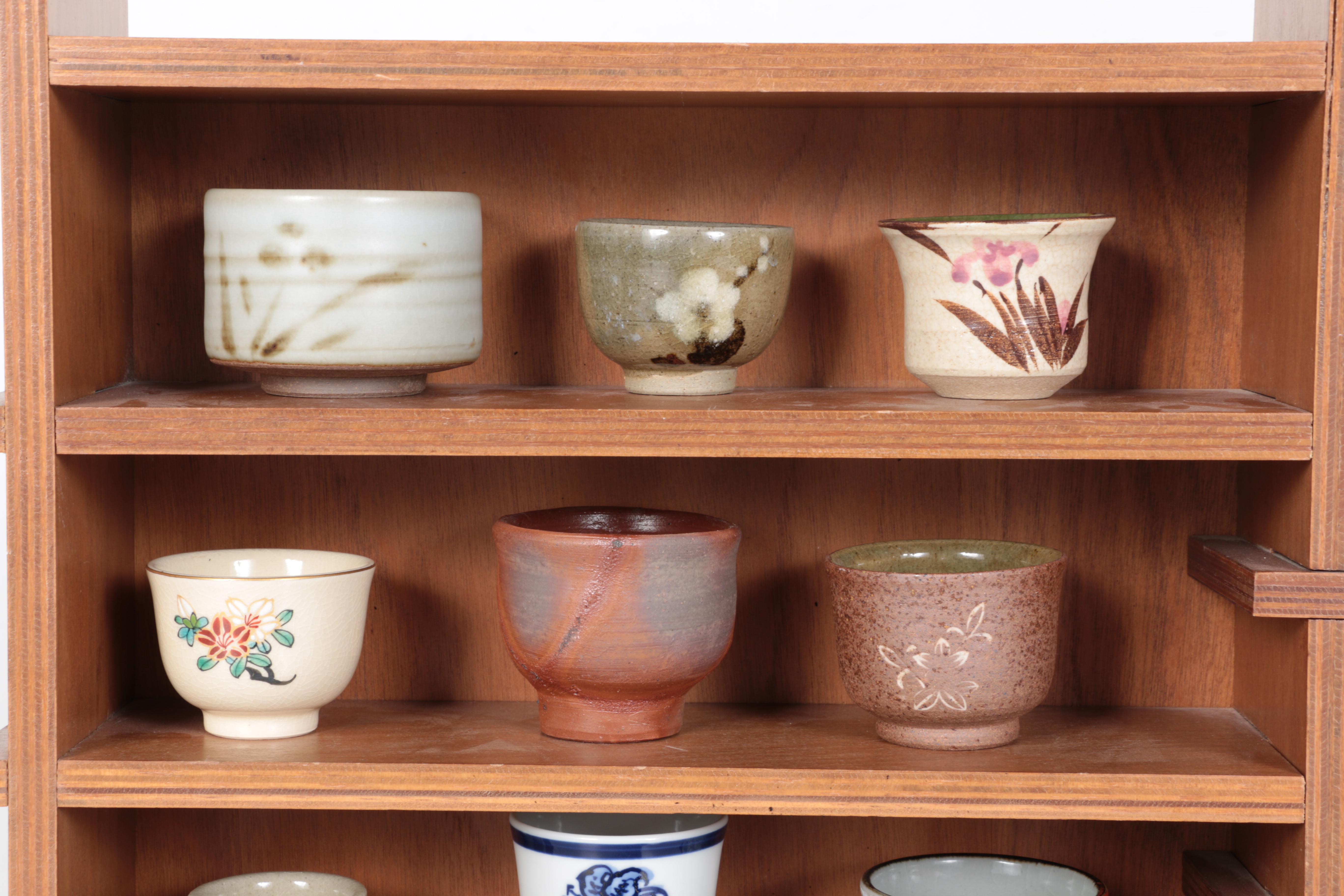 Miniature Japanese Hand Thrown Tea Bowls with Display Shelf