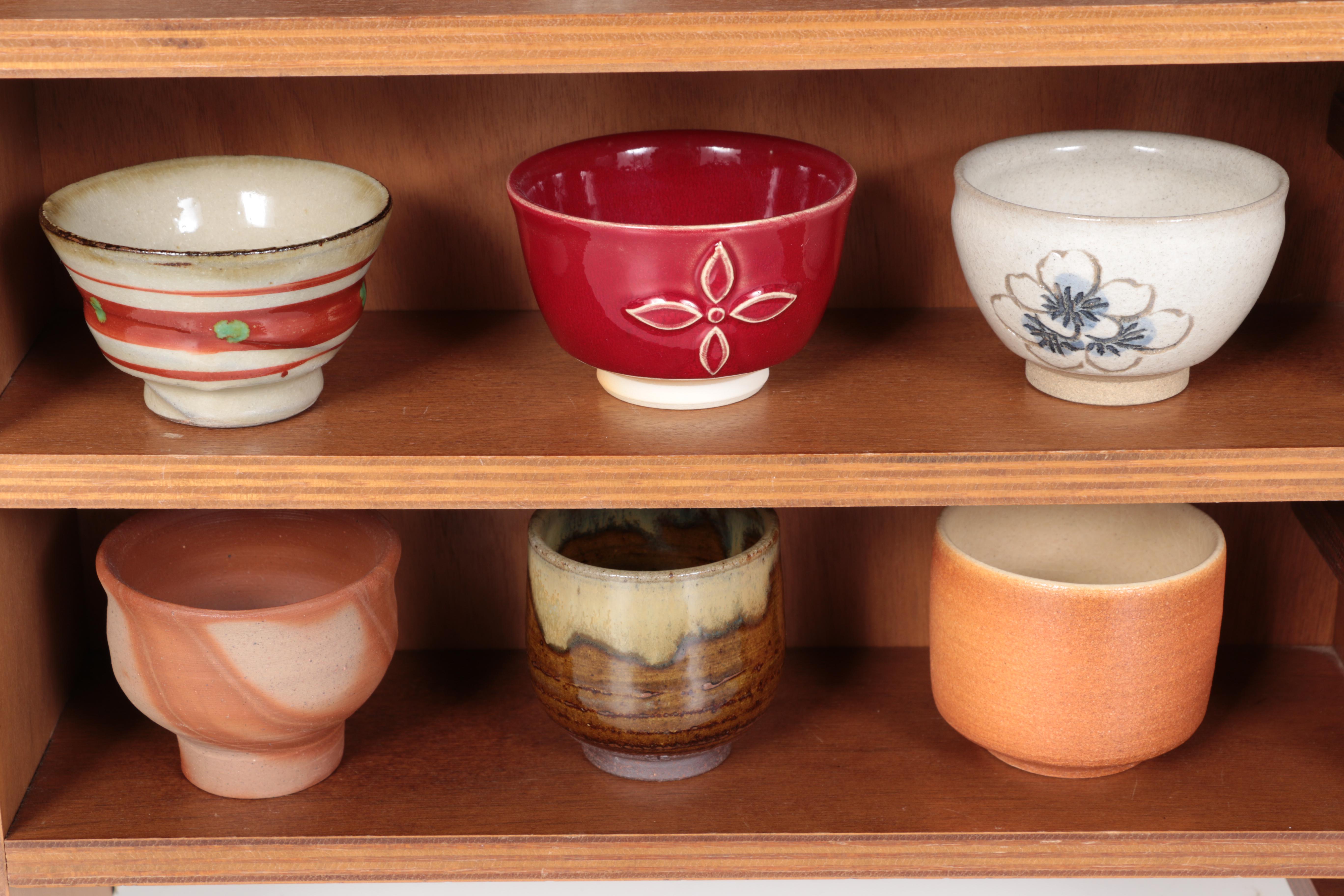 Miniature Japanese Hand Thrown Tea Bowls with Display Shelf
