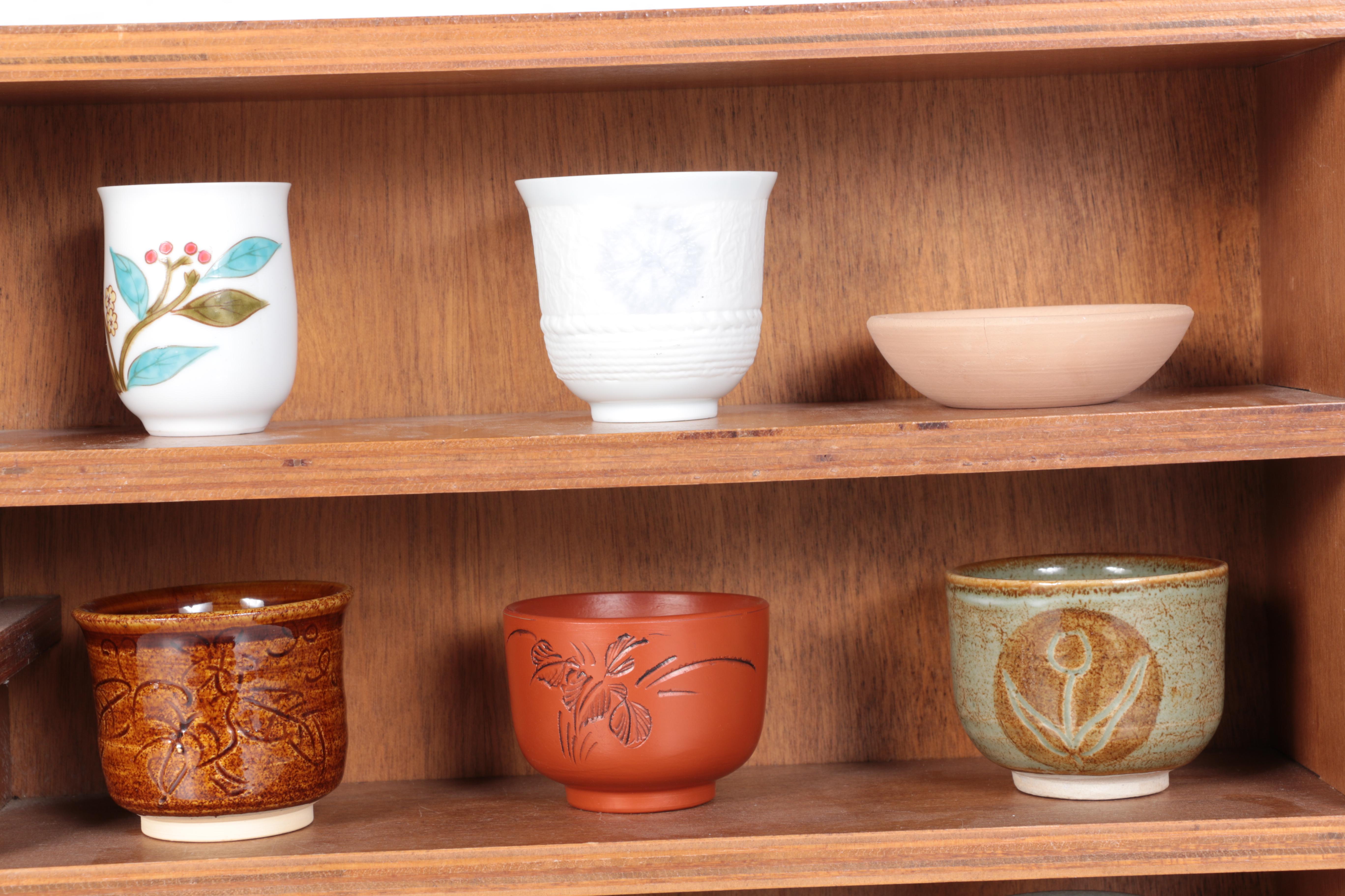 Miniature Japanese Hand Thrown Tea Bowls with Display Shelf
