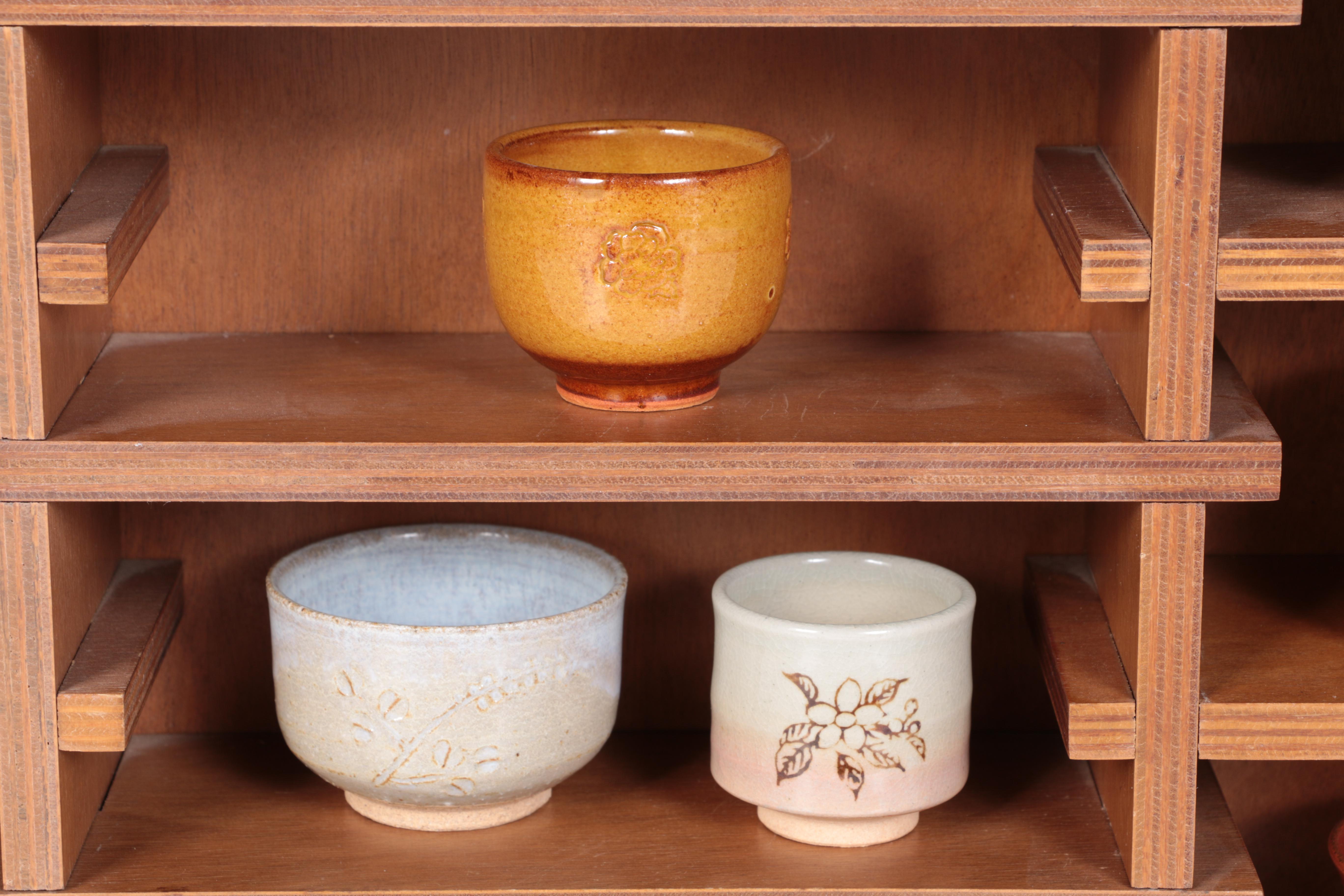 Miniature Japanese Hand Thrown Tea Bowls with Display Shelf