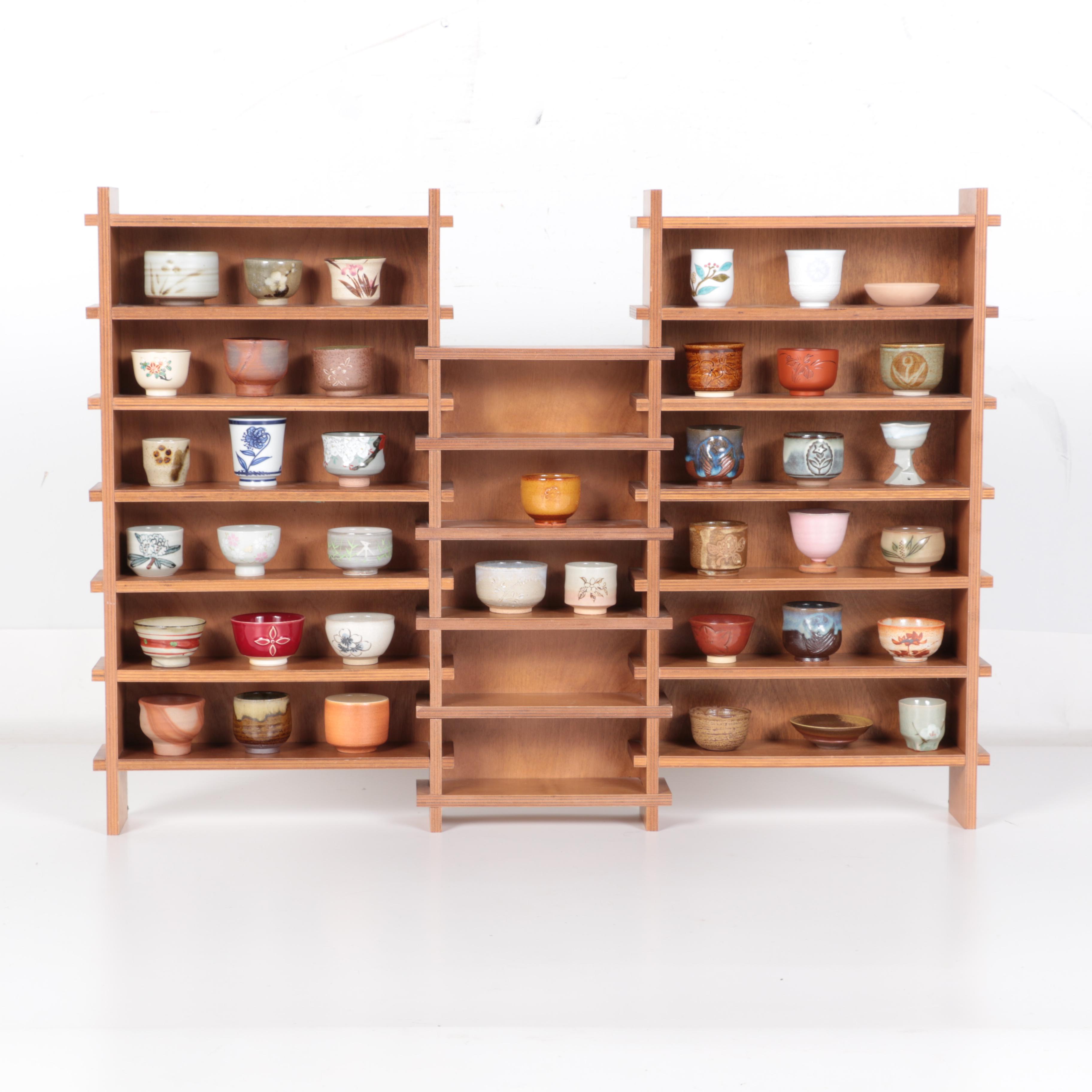 Miniature Japanese Hand Thrown Tea Bowls with Display Shelf