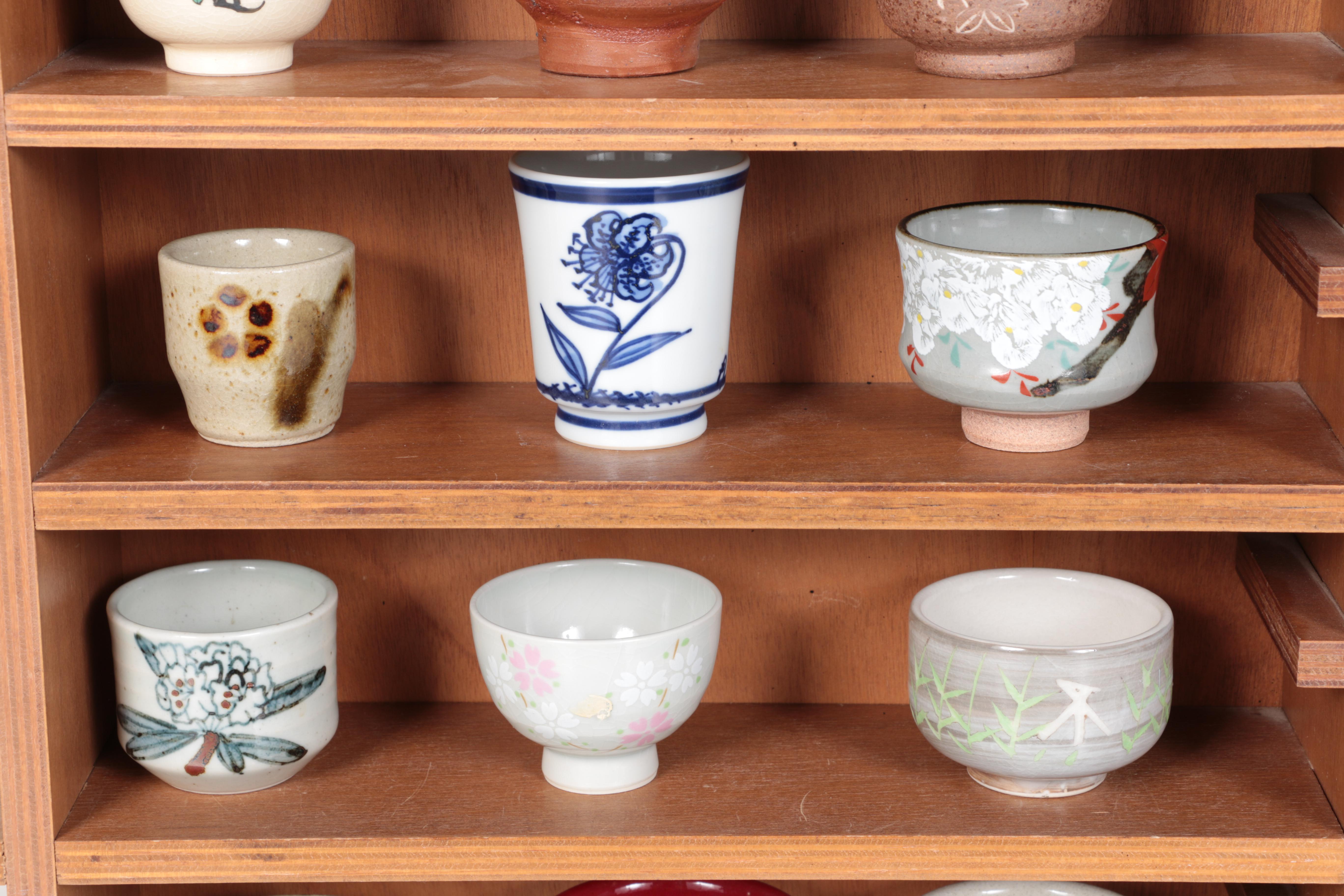 Miniature Japanese Hand Thrown Tea Bowls with Display Shelf