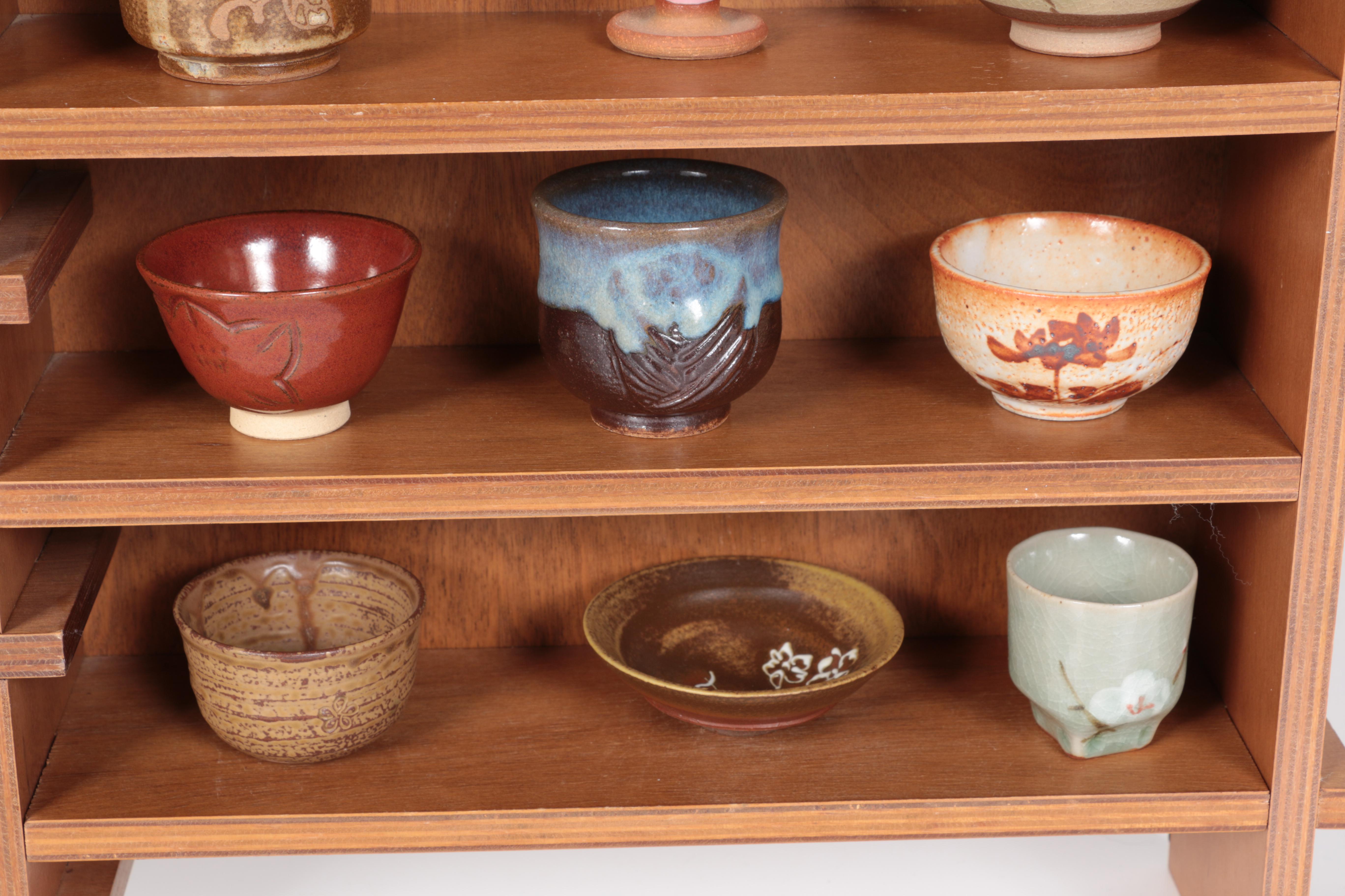 Miniature Japanese Hand Thrown Tea Bowls with Display Shelf