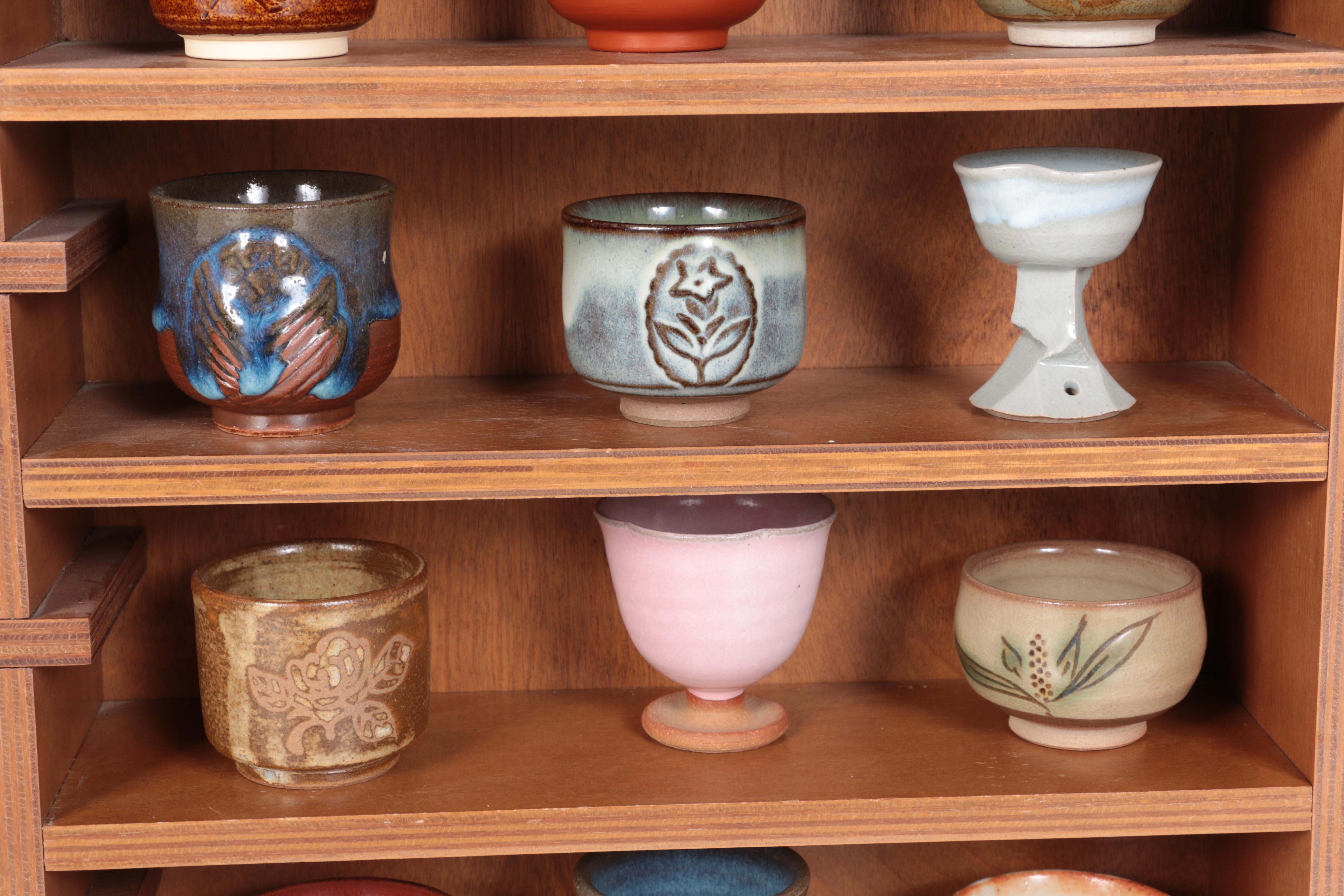 Miniature Japanese Hand Thrown Tea Bowls with Display Shelf