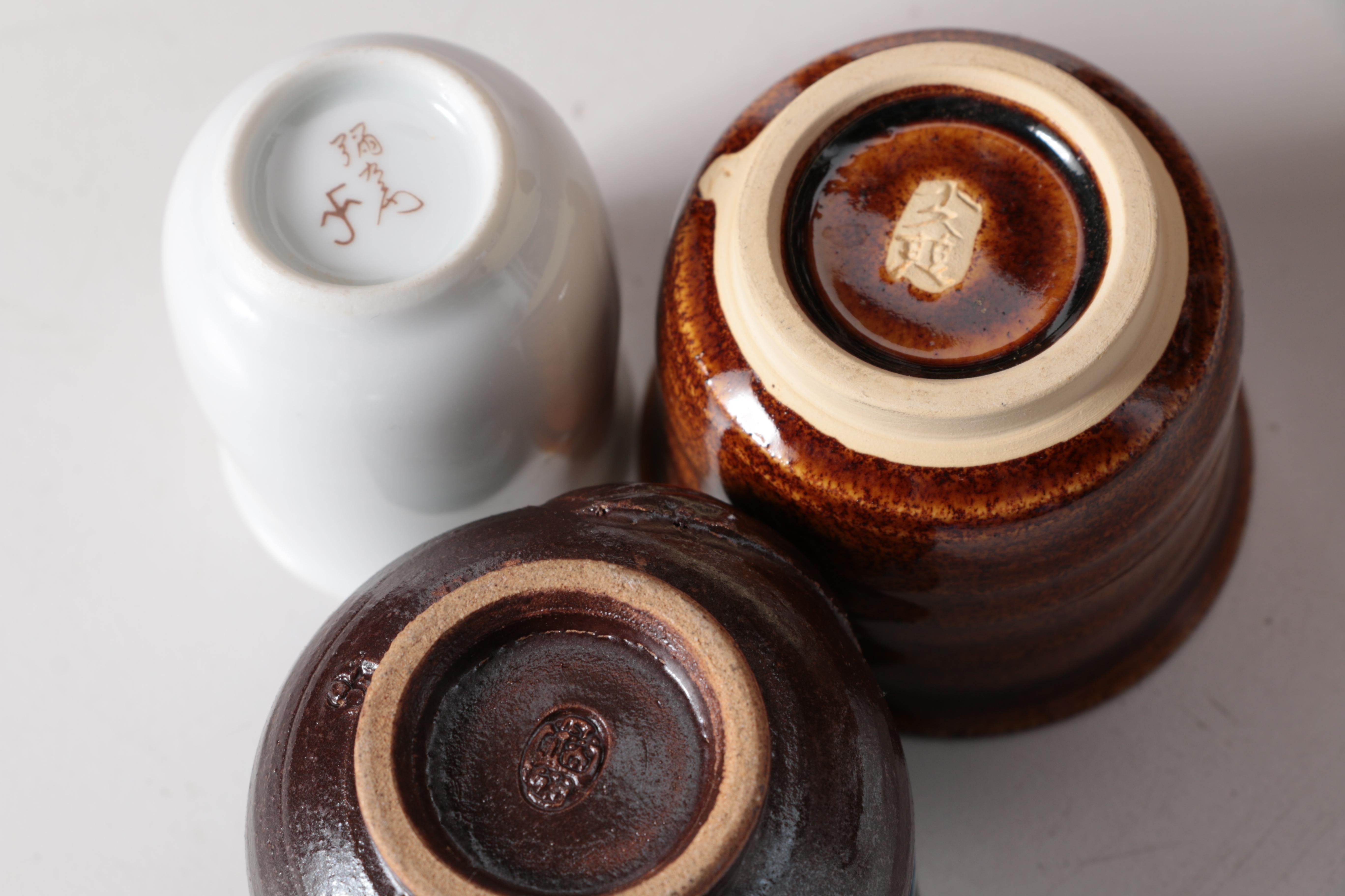 Miniature Japanese Hand Thrown Tea Bowls with Display Shelf