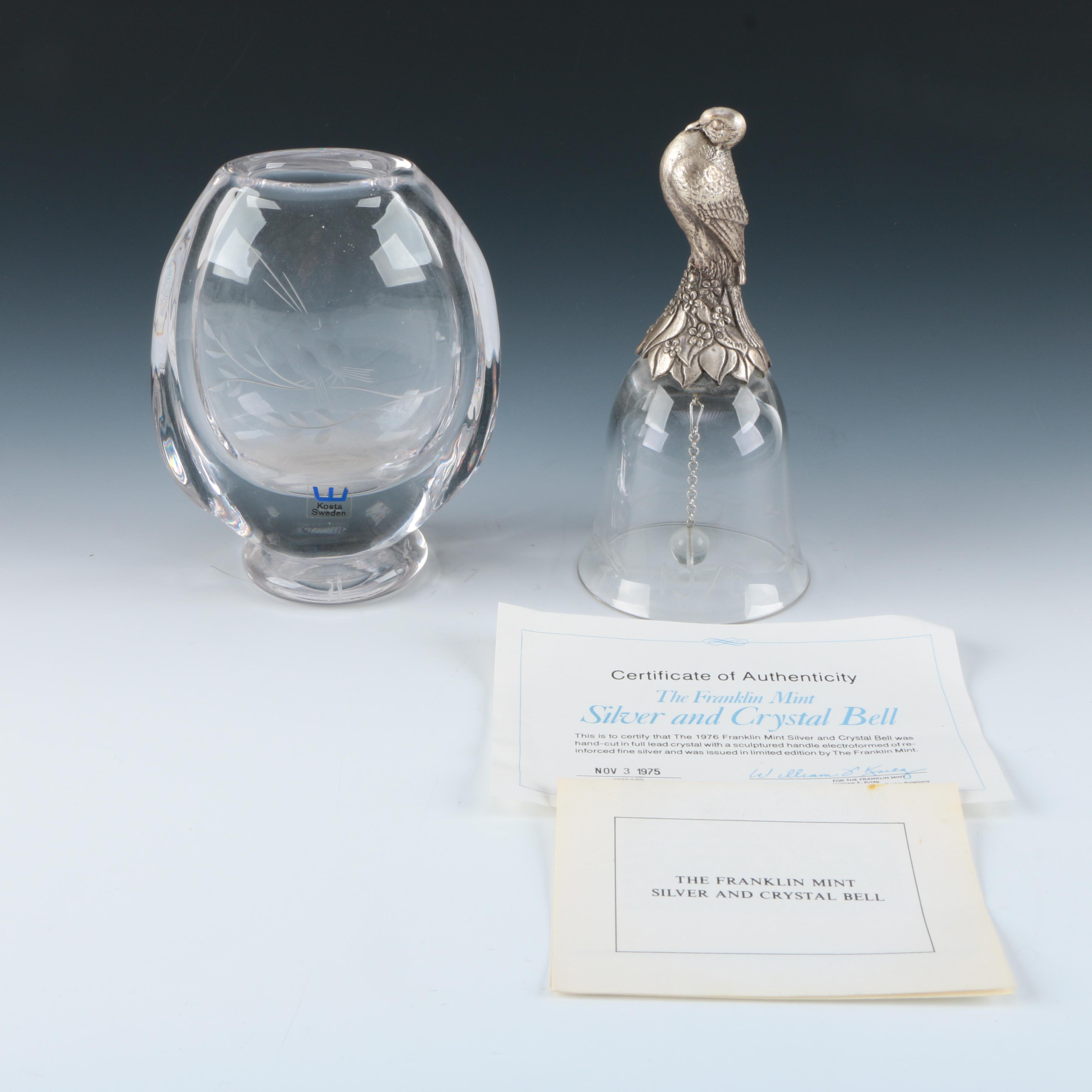 1976 Crystal Bell by Franklin Mint and Vase by Kosta Sweden