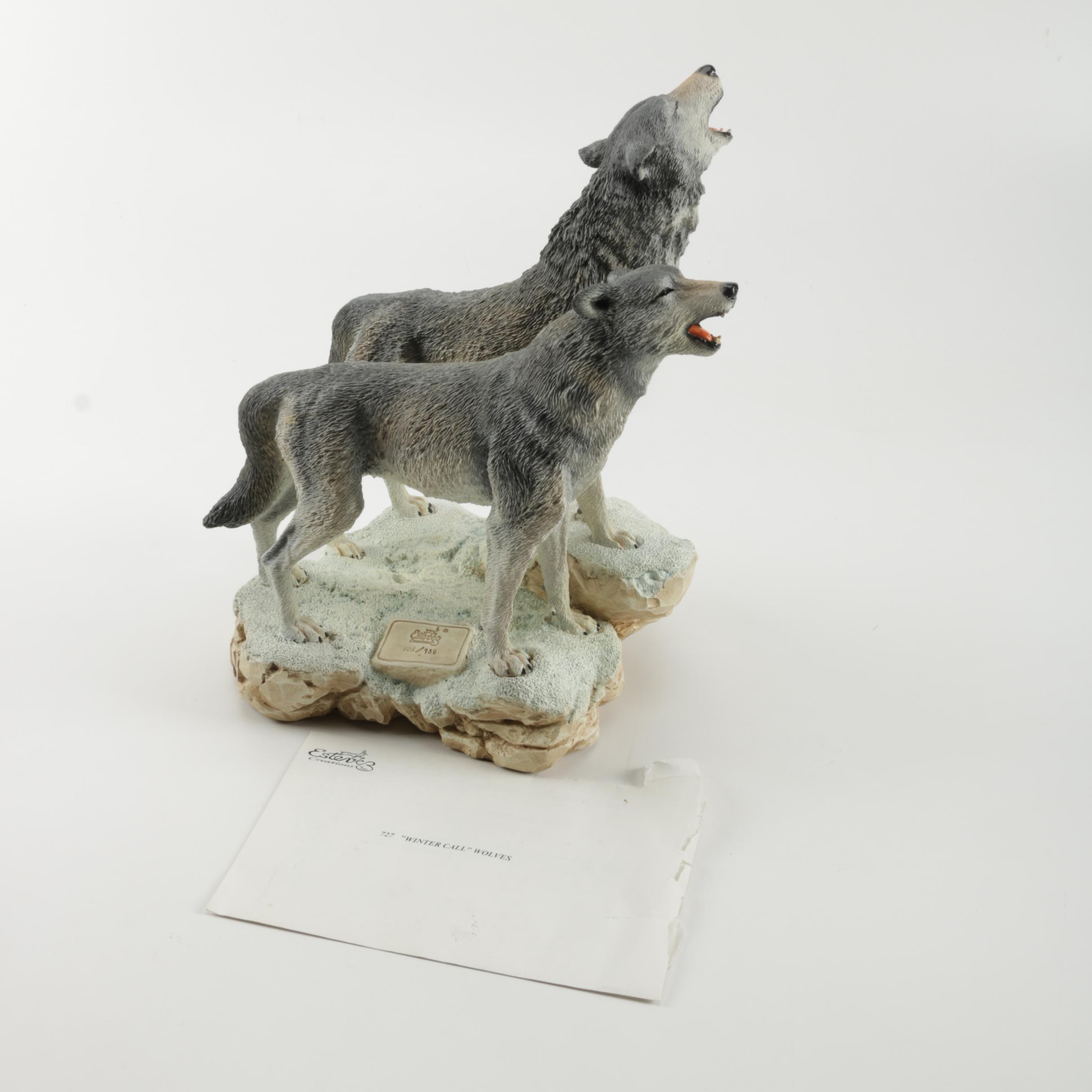 Carlos Estevez Hand-Painted Cold Cast Sculpture "Winter Call" Wolves